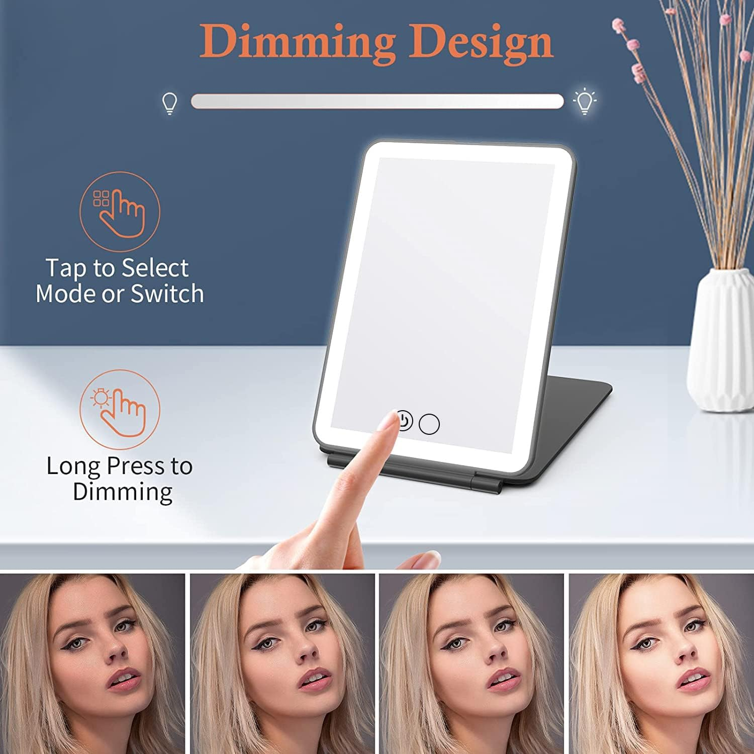 Rechargeable Makeup Vanity Mirror with 72 Led Lights, Lighted Travel Portable Light up Beauty Mirror, 3 Color Lighting, Dimmable Touch Screen, Tabletop Desk Foldable Cosmetic Mirror with Lights(Black) image number 2
