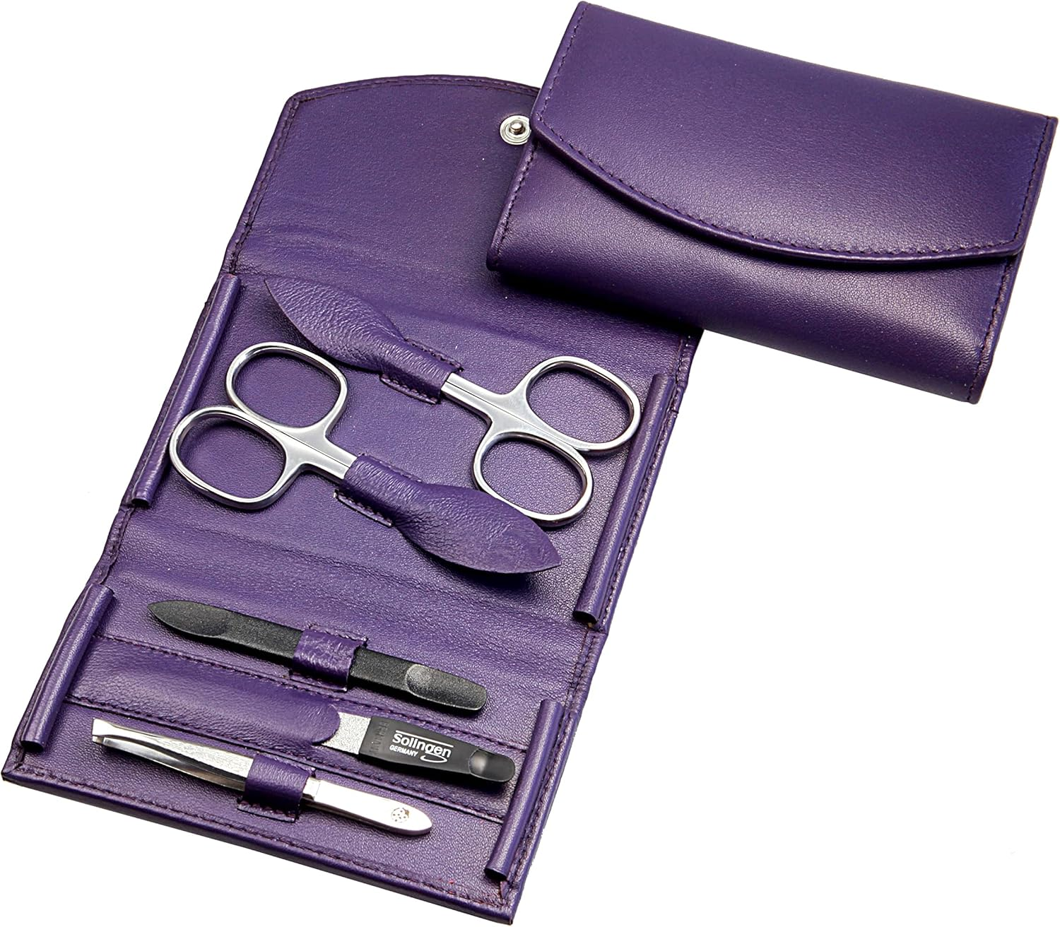 Manicure Set - 5-Piece Nail Care Set - Genuine Nappa Lambskin Leather Manicure Case - Nail Scissors, Cuticle Scissors, Nail File, Tweezers and Double Instrument (Orange)