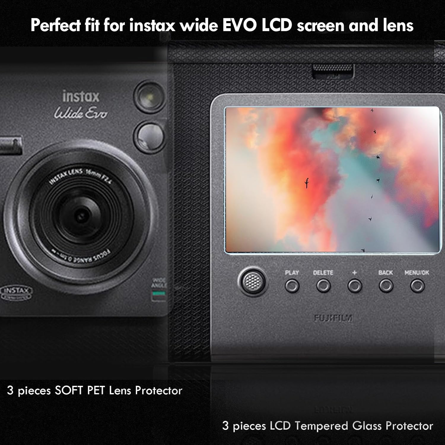 Rieibi [3+3Pack Screen Protector for Fujifilm Instax Wide Evo Instant Camera LCD + Lens PET Flim, 0.25Mm 9H Hardness Tempered Glass Film for Instax Wide Evo image number 4