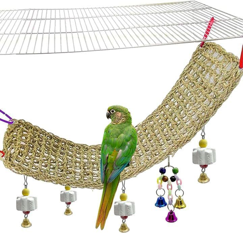 Bird Seagrass Mat,Natural Grass Woven Net Hammock Parakeet Chew Toys Trimming Cage Accessories Climbing Rope Ladder with Hooks Lovebird Cockatiel Conure Budgie,Size 28.3" X 6.7" image number 4