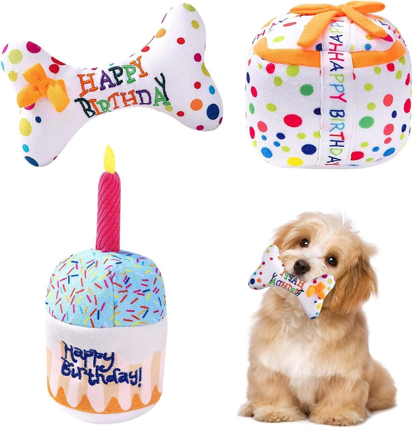 3Pcs Birthday Gifts for Dogs, Dog Squeaky Toys, Plush Pet Birthday Toys Birthday Theme Puppy Toys for Party Gifts image number 4