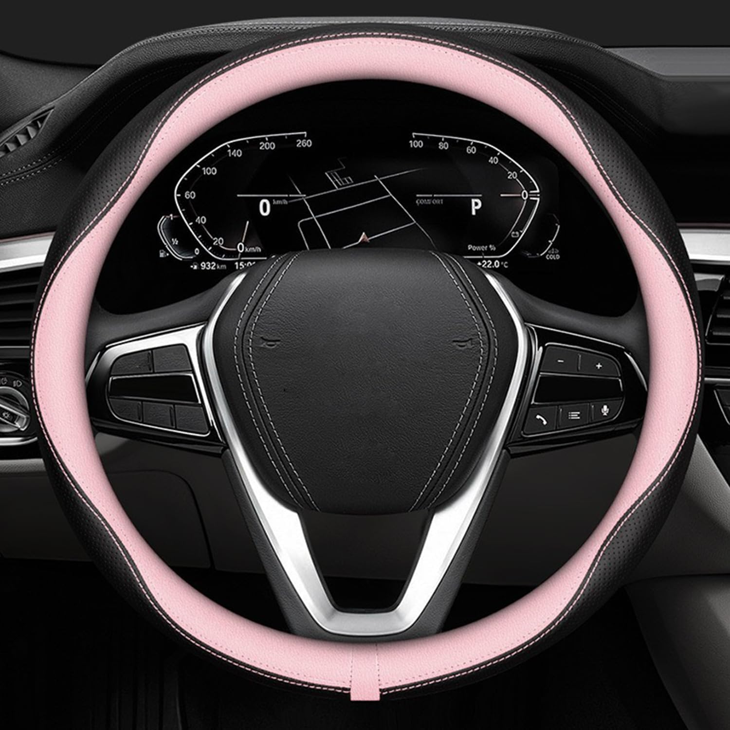 Car Steering Wheel Cover Compatible with Mazda CX-30, CX-5, CX-3, 6, 5, 3, 14.5-15 Inches Accessories, Ultra-Thin Design Premium Nappa Leather (Black-A)