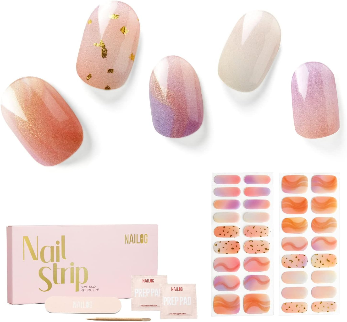 NAILOG Semi Cured Gel Nail Strips, 34Pcs Salon-Quality Gel Nail Stickers, Long Lasting Nail Wraps for Women, Twilight - Drifted image number 7