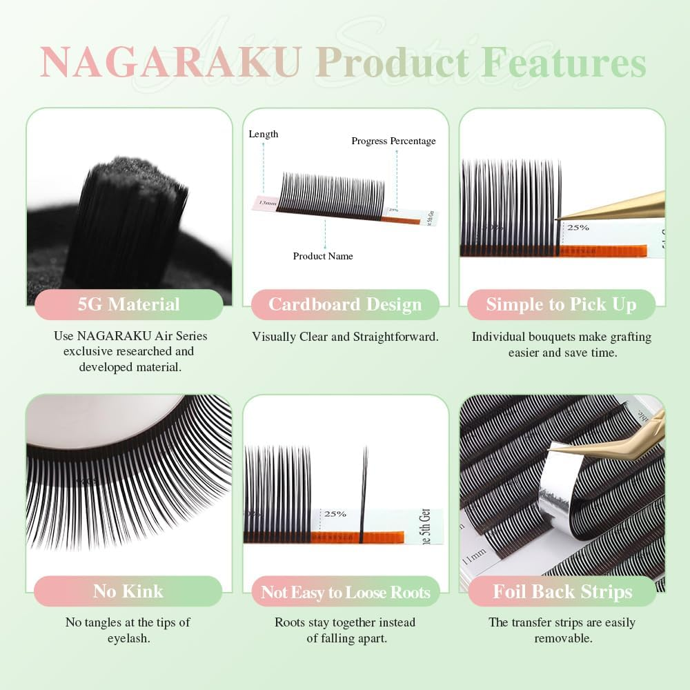 NAGARAKU Bouquet Eyelashes Extensions Air Series Premade Volume Spike Lashes 0.07Mm C Curl 8Mm-15Mm Mix Length Roots with Light Glue Fan/Wet Set/Anime/Manga Styles Lashes image number 2