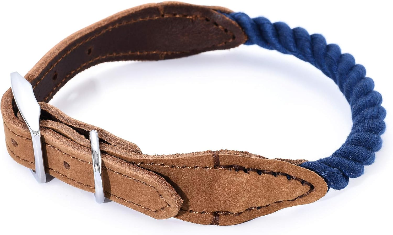 Mile High Life Premium Cotton Rope Dog Collar Made of Genuine Leather Stainless Steel Buckle Ring (M, Navy)
