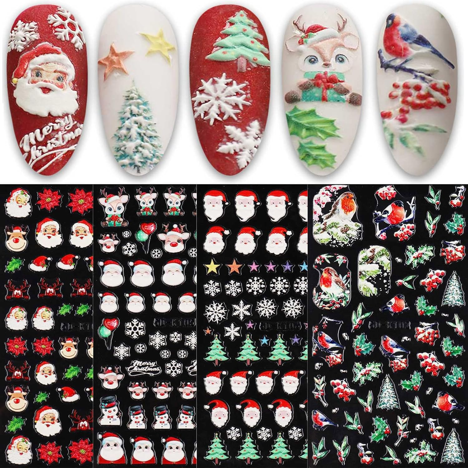 3D Embossed Christmas Nail Art Stickers Decals 4 Sheets 5D Self-Adhesive Pegatinas U&ntilde;as Holiday Red Snowflakes Snowman Nail Supplies Nail Art Design Decoration Accessories