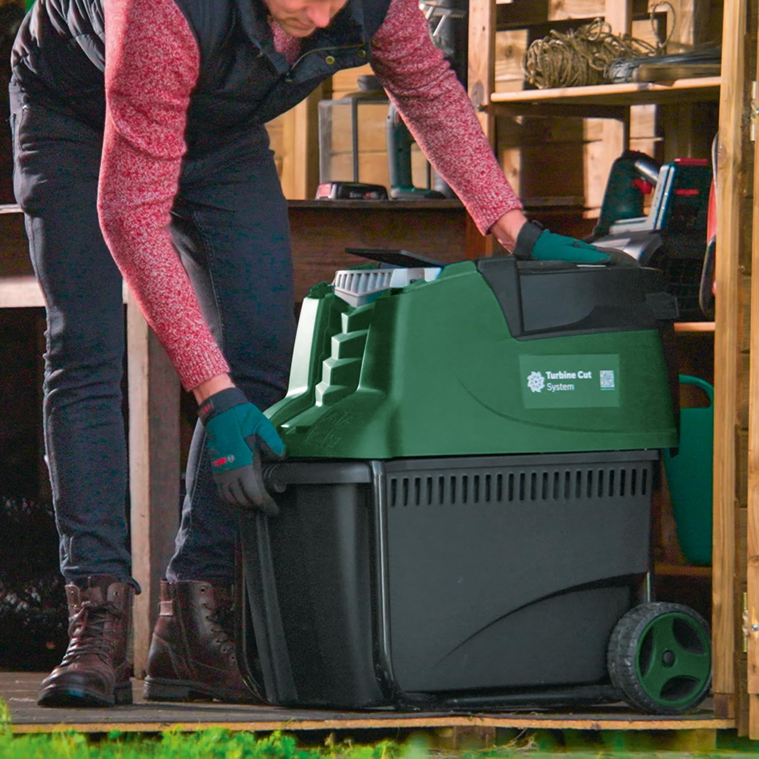 Bosch 2300W Quiet Corded Electric Turbine Shredder Mulcher, Fast Auto Shredding of Greenery, Hard/Soft Wood & Palm Fronds, 42Mm Cutting Capacity, 53L Collection Box (AXT 23 TC). Made in Europe image number 2
