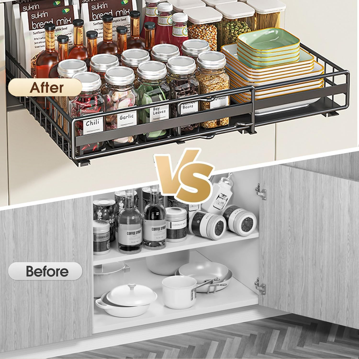 Pull Out Drawers for Cabinets Expandable, 2 Pack Pull Out Cabinet Organizer Adhesive, Slide Out Drawers Shelves for Kitchen Cabinets Organization Adjustable Width 12.2-20.7In image number 2