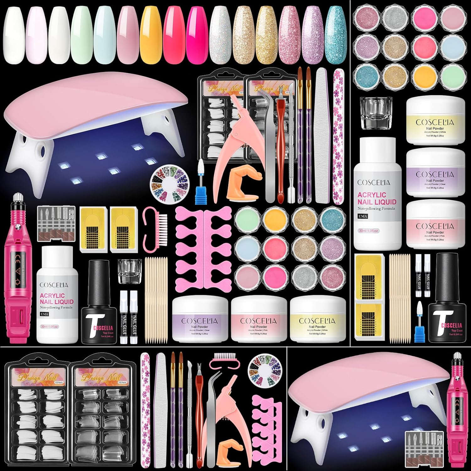 COSCELIA Acrylic Nail Kit with Drill and U V Light, White Pink Clear Acrylic Powder 12PCS Glitter Decorations Powder Nail Rhinestones False Tips Manicure Tools Professional Nail Kit for Women Salon image number 6