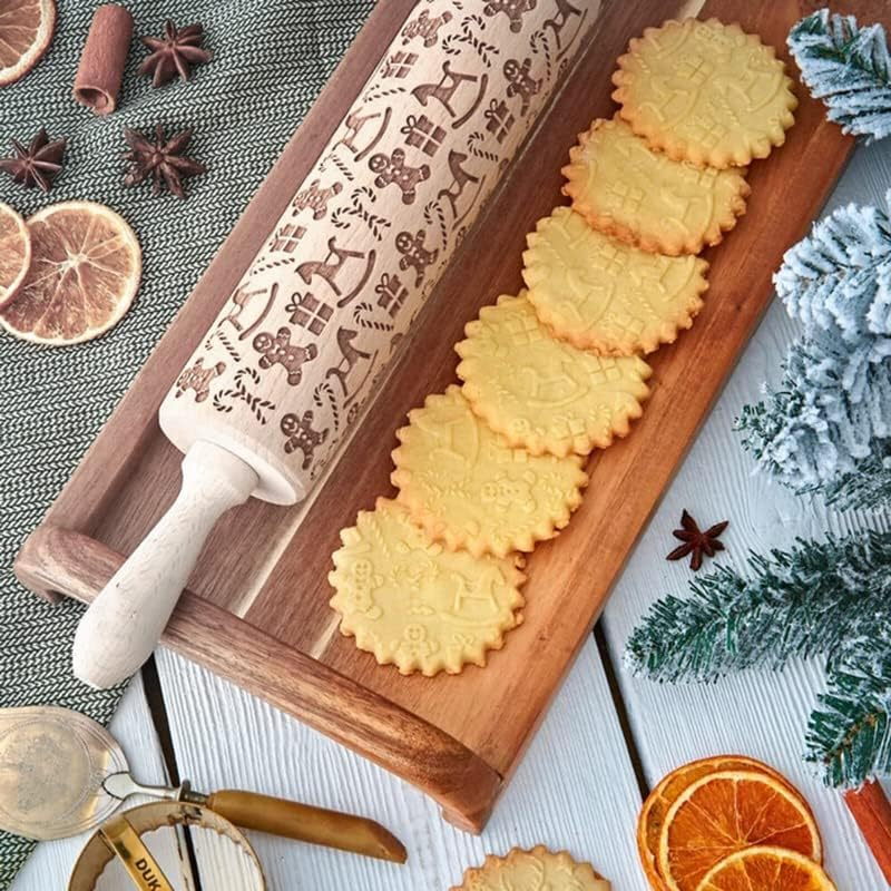 Christmas Wooden Rolling Pin for Baking Engraved Embossing Rolling Pin Cookie Stamps Roller Square Grid Cookies Mold Kitchen Decor Tools for Baking Embossed Cookies (Gingerbread Man)
