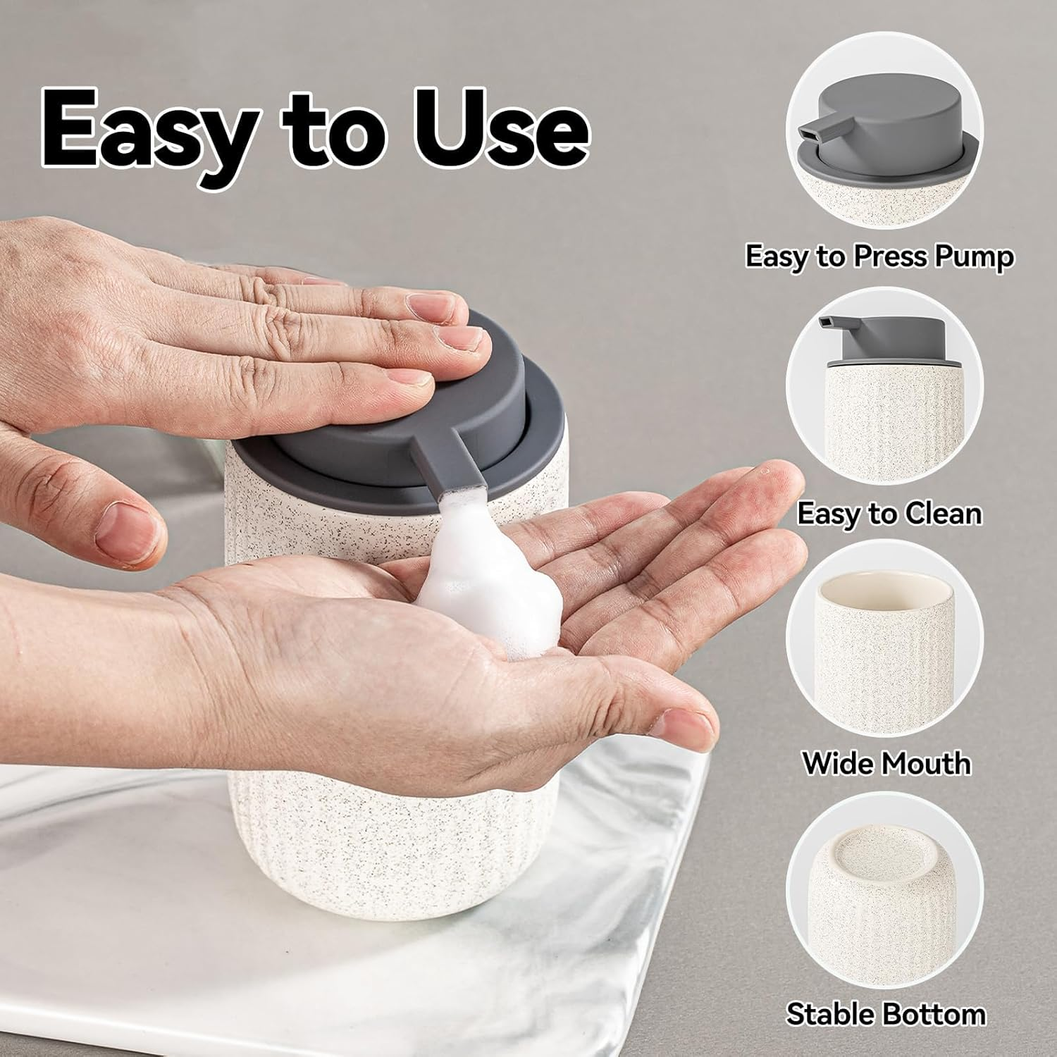 2 Pack Foam Soap Dispenser - 12 Oz Beige Ceramic Foaming Soap Dispenser for Bathroom, Hand Wash Dispenser Bottle with Foaming Pump, Striped Refillable Dish Soap Dispenser for Kitchen image number 1