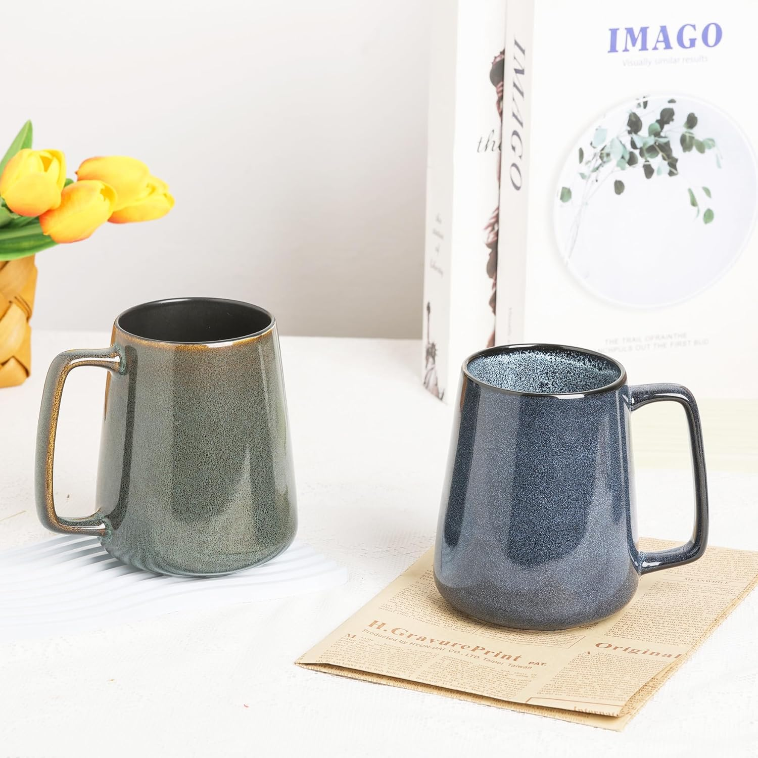 Large Ceramics Coffee Mugs,24 Oz,With Spoon and Wooden Lid,For Coffee,Tea,Cocoa,Large Handle Design,Microwave and Dishwasher Safe (24 Oz Green Set) - 24 Oz Blue Set image number 7