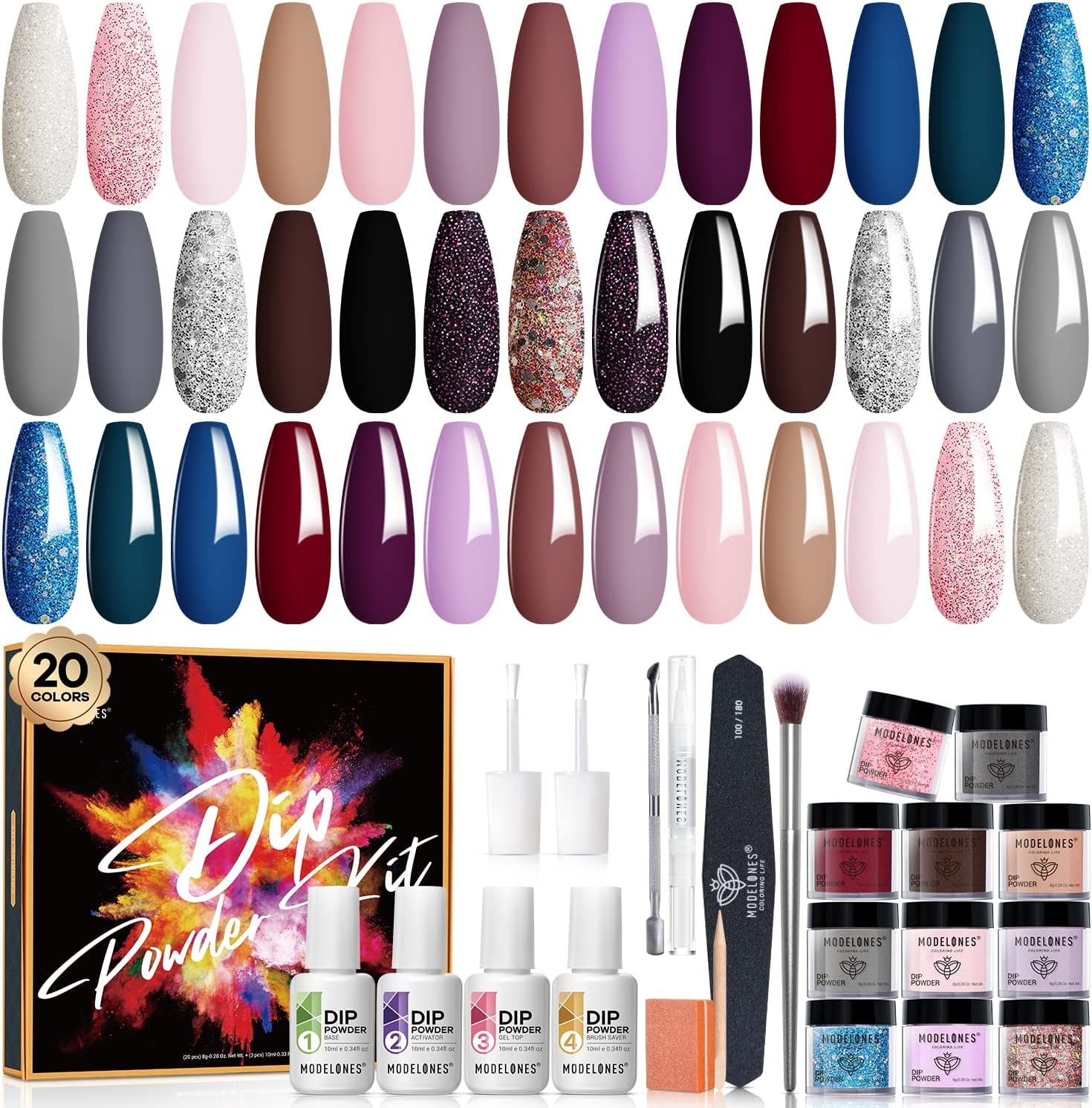 Modelones 32 Pcs Dip Powder Nail Kit Starter, 20 Colors Nude Pink Gray Acrylic Dipping Powder System Essential Liquid Set with Base&Top Coat Activator for French Nail Art Manicure DIY Salon Gift Set