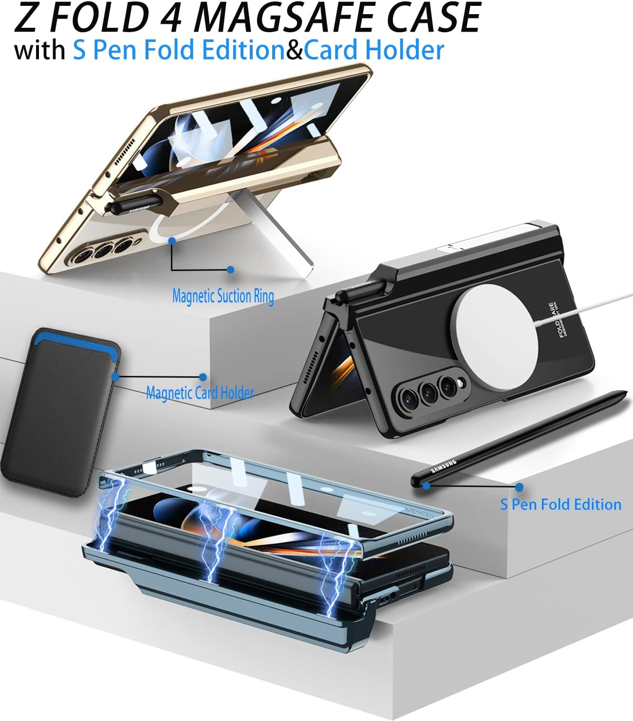 For Samsung Z Fold 4 Magsafe Case【With S Pen Fold Edition】&Card Holder,Hinges Protect the Built-In Pen Holder,With Screen Protector and Stand, Clear Black Edge Case for Galaxy Z Fold 4 - Clear image number 5