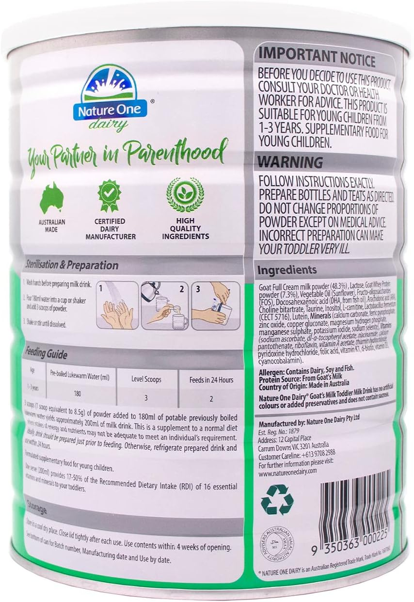 NATURE ONE DAIRY Premium Goat Milk Powder Step 3 (1-3 Years) -Toddler Milk -Gentle on Tummies -Lutein -Supports Immunity -Goat Milk, 800G