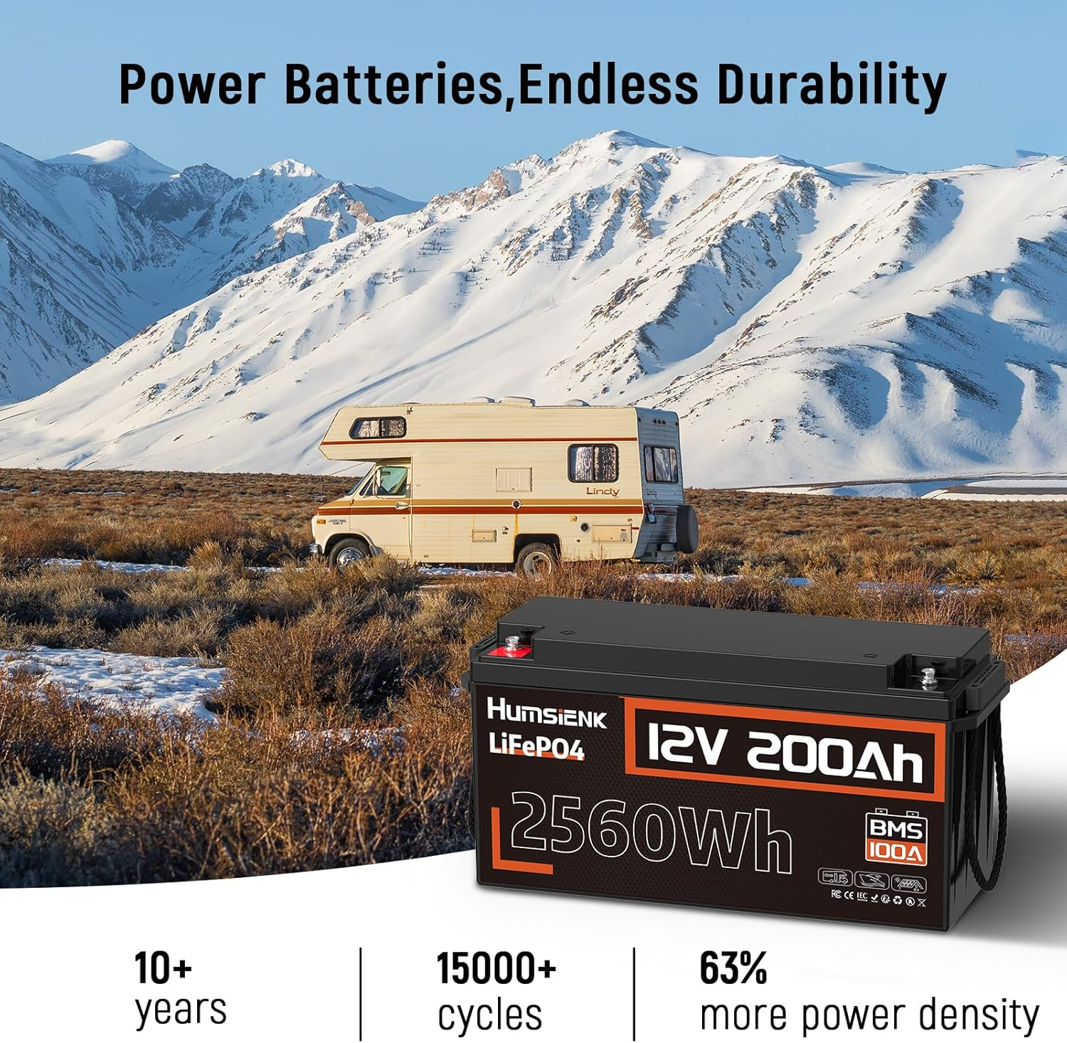 12V 200Ah Lifepo4 Battery, 2560Wh Lithium Battery, 15000 Cycles, 100A BMS, RV Marine Off-Grid image number 3
