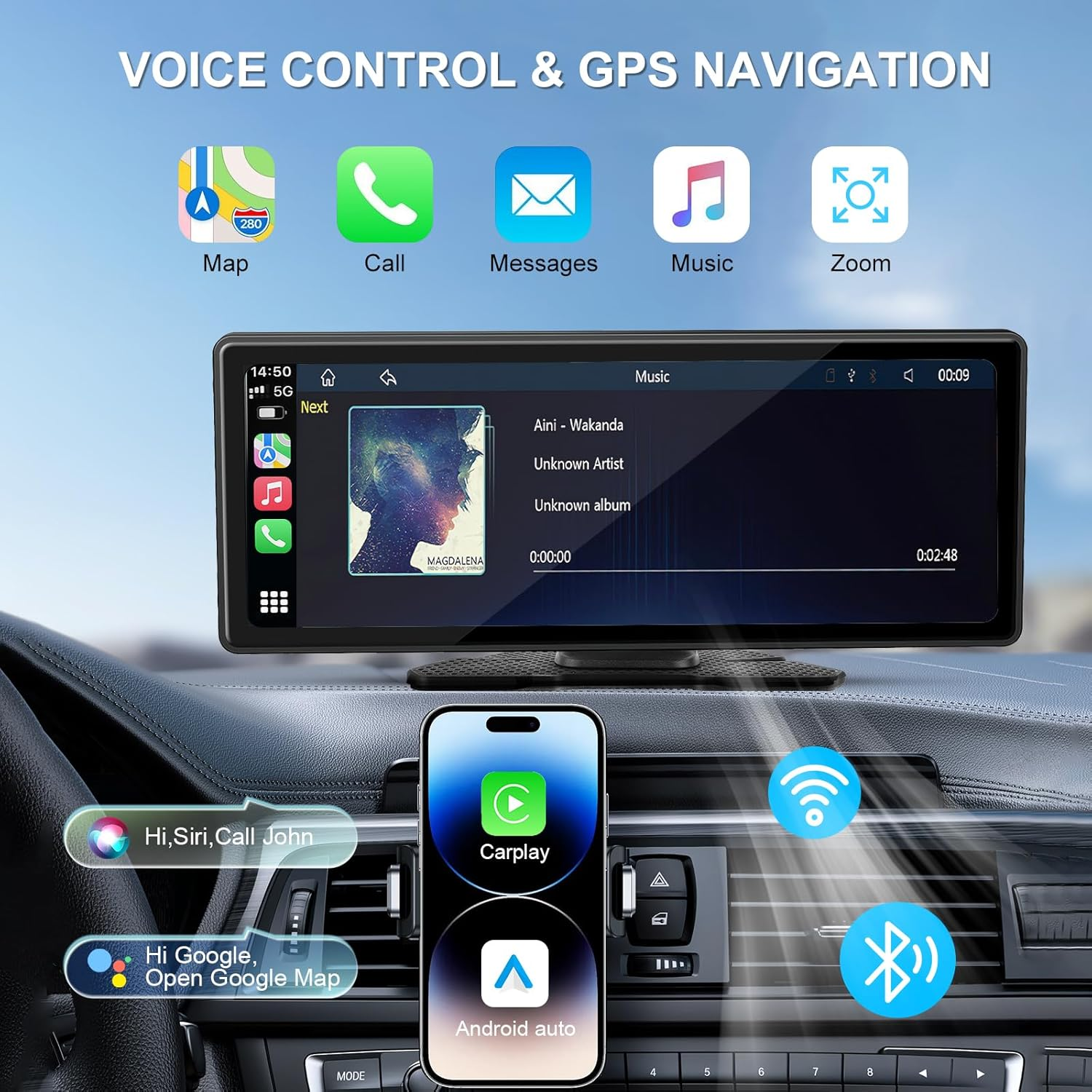 TMA Carplay Screen, 10.26 Inch Wireless Apple Carplay & Android Auto, Portable Car Stereo Touch Screen with 1080P Backup Camera, Mirror Link/Gps Navigation/Bluetooth Audio/Suitable for All Car Models image number 2
