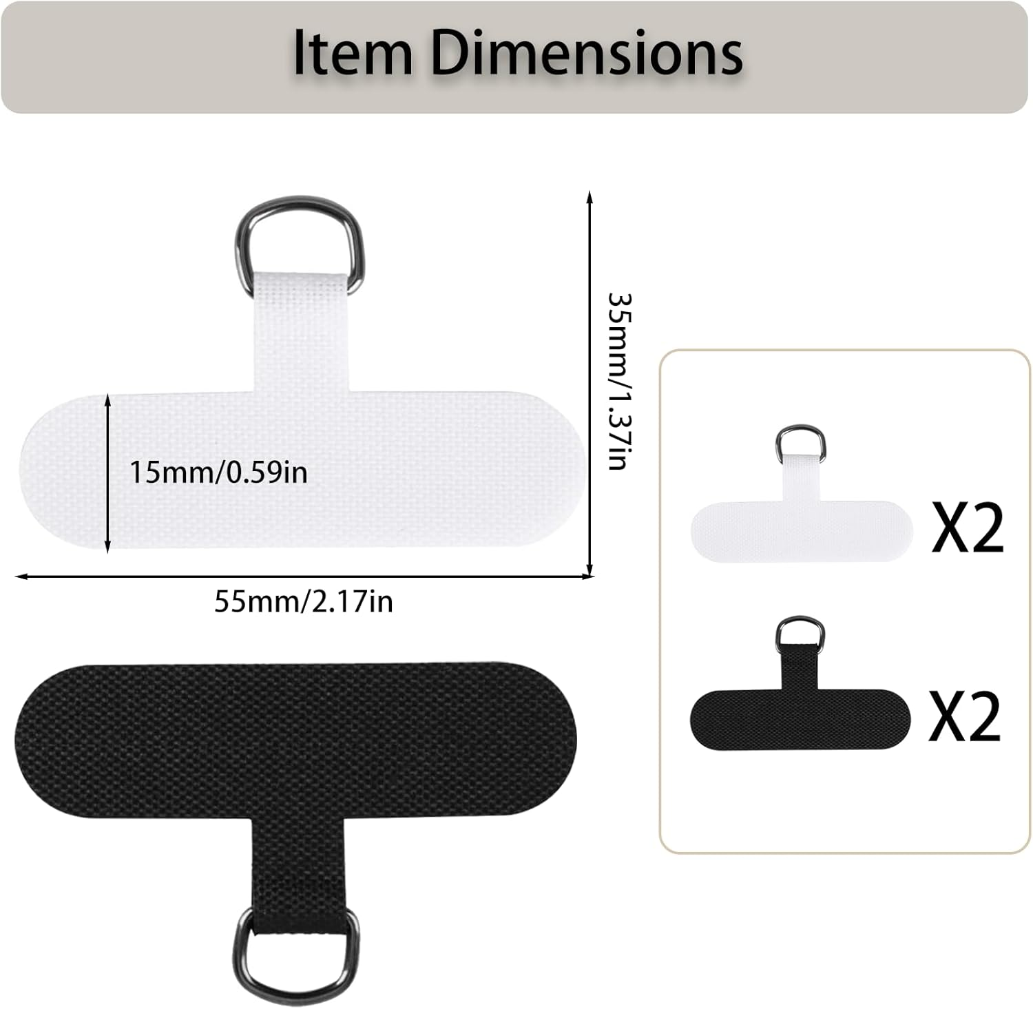 ONBPIY 4 Pcs Phone Tether Tab with Metal Rings, Compatible with Iphone, for Samsung Galaxy, Universal Lanyard Patch for Full Coverage Cases, 2 Black 2 White image number 2