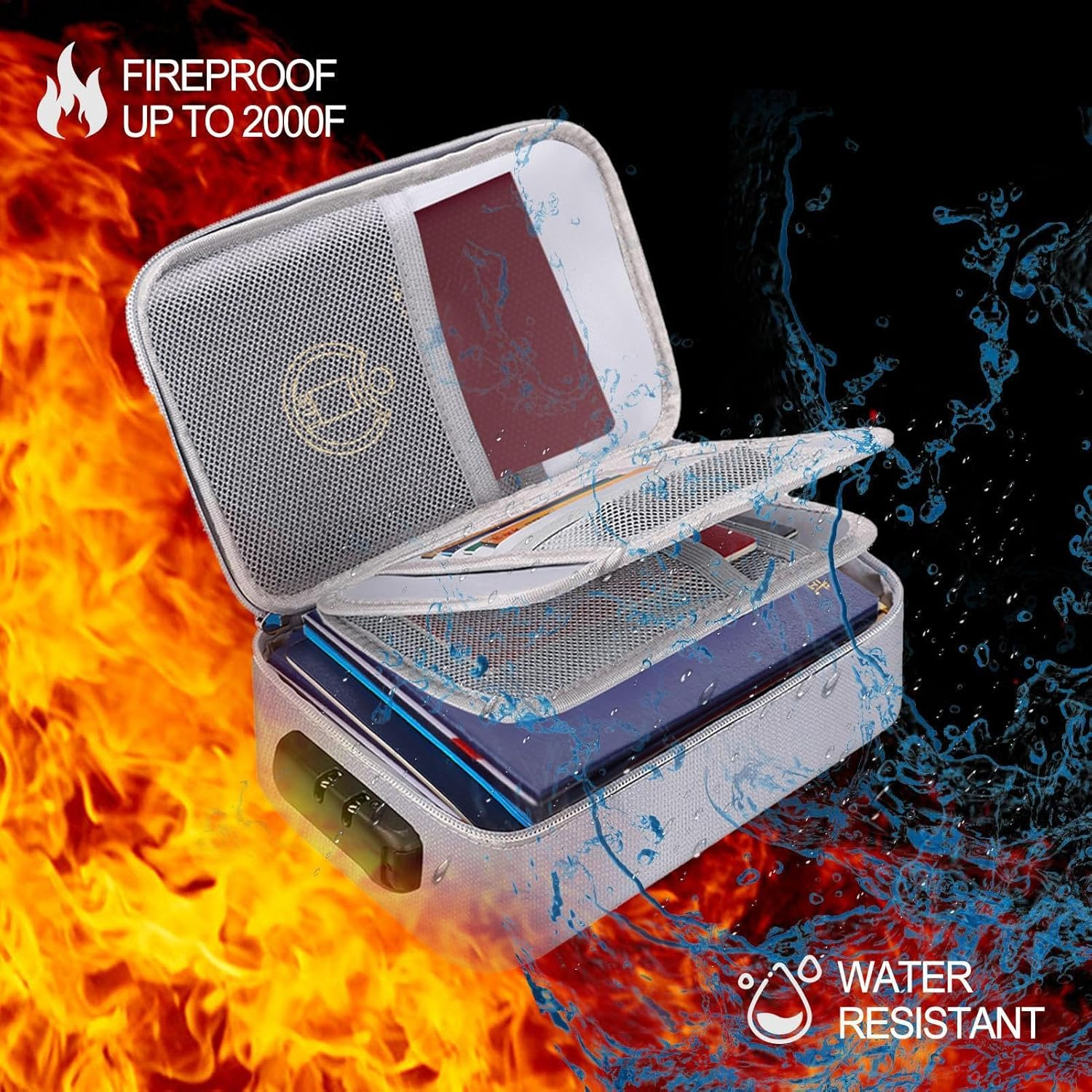 Fireproof Document Bag, Insulated Document Storage, Fireproof Passport Holder, Fireproof Document Box, Large Waterproof Fireproof File Box with Lock, Intelligent Organisation, Secured De image number 2