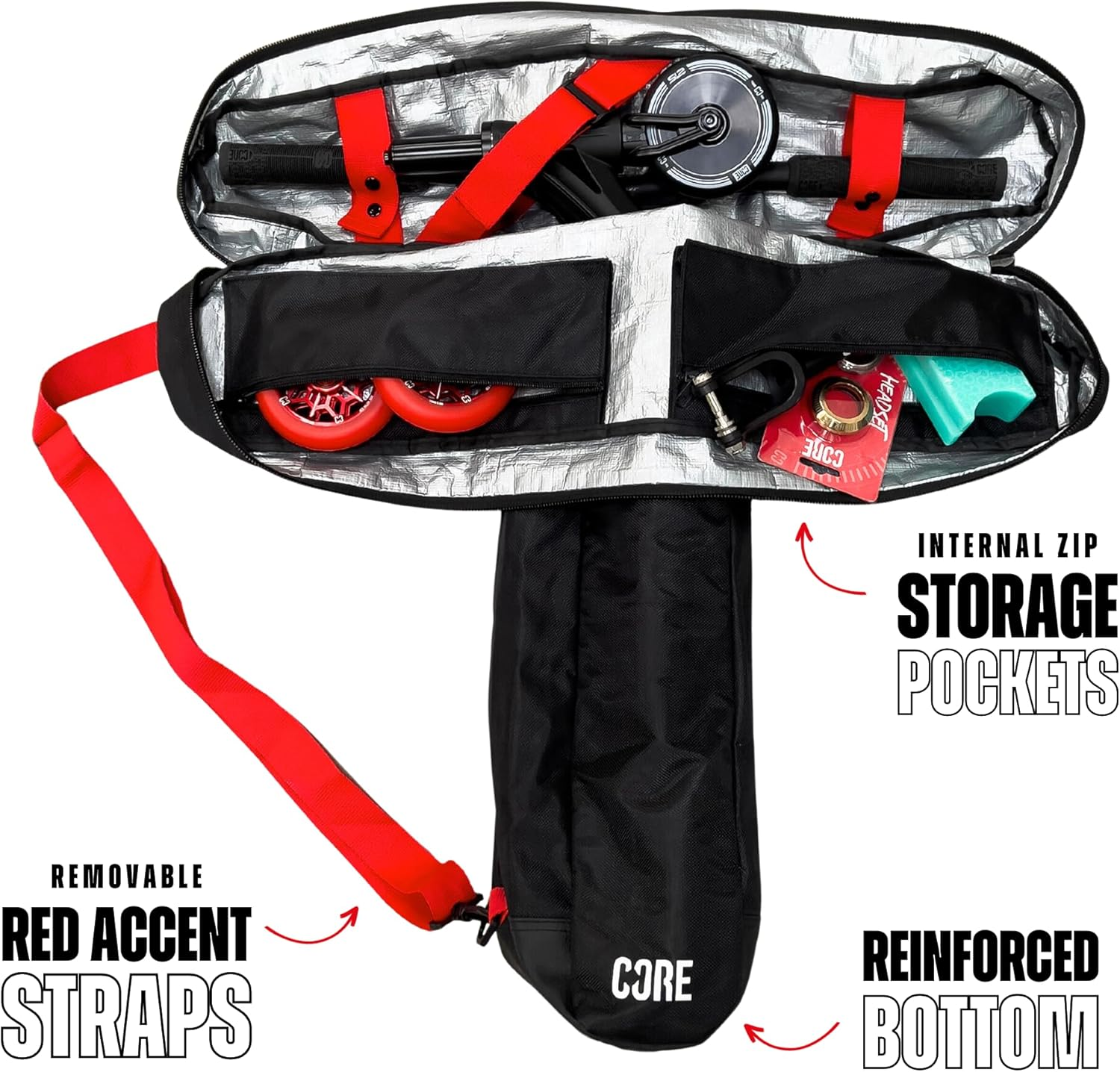 Core Stunt Scooter Travel Bag - Suitcase/Carry Luggage for Kids & Complete Stunt Scooters, Lightweight Carry on Soft Shell Bag for Travelling Scooter Waterproof Heavy Duty Sports Luggage - Black/Red image number 5
