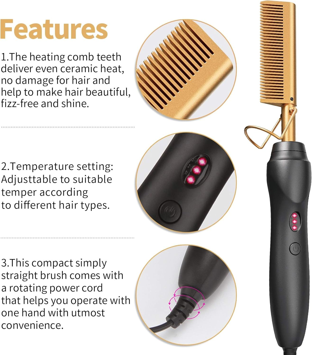 Hot Comb，Hair Straightener，Heat Pressing Combs Ceramic Electric Hair Straightening Comb, Curling Iron for Natural Black Hair Beard Wigs image number 3