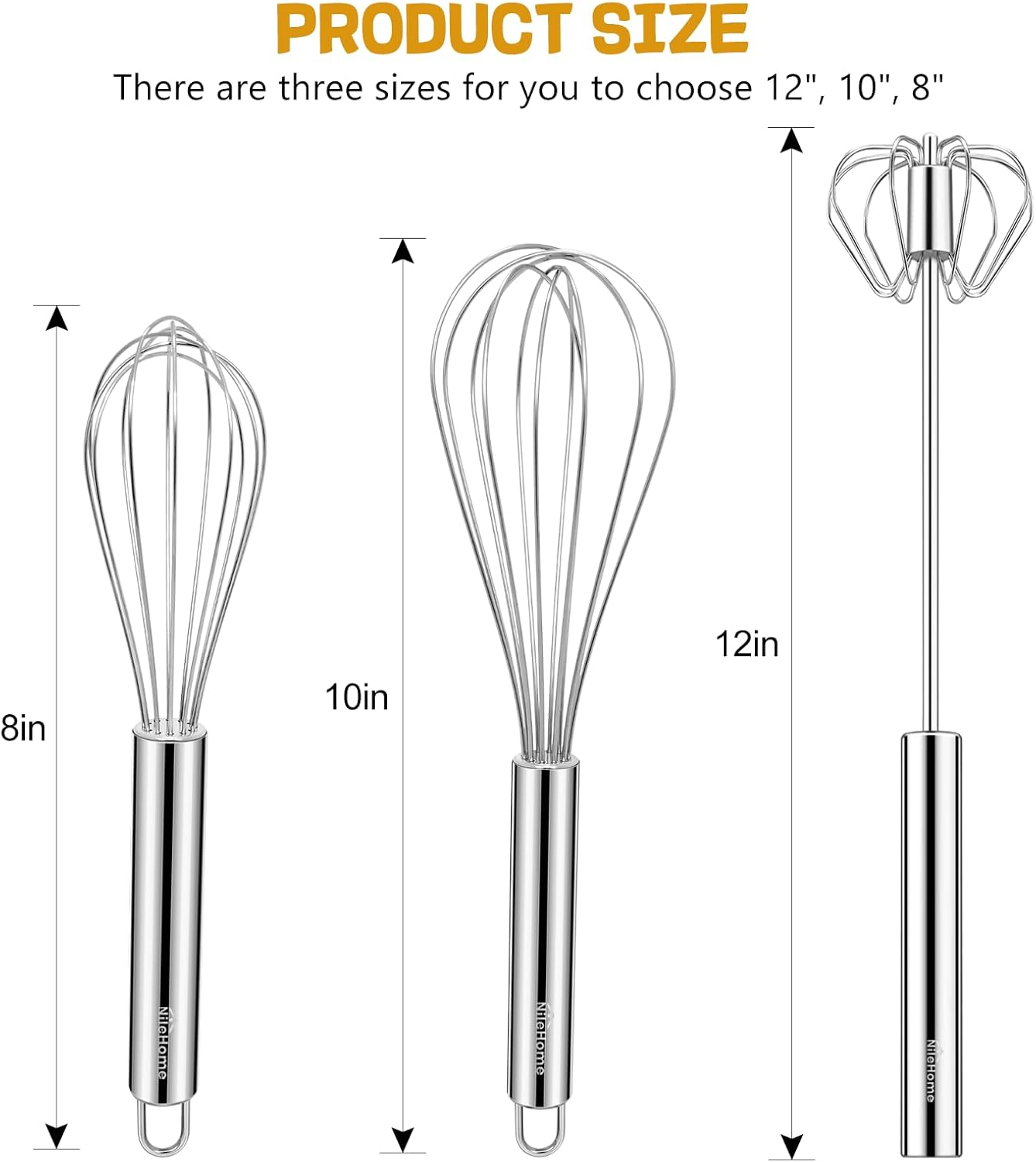 Nilehome Stainless Steel Whisk Set 8" 10" Hand Blender + 12" Semi-Automatic Rotary Kitchen Whisk Kitchen Wisk Wire Whisks for Cooking, Whisking, Blending, Beating, Stirring- 3 Pack... image number 5