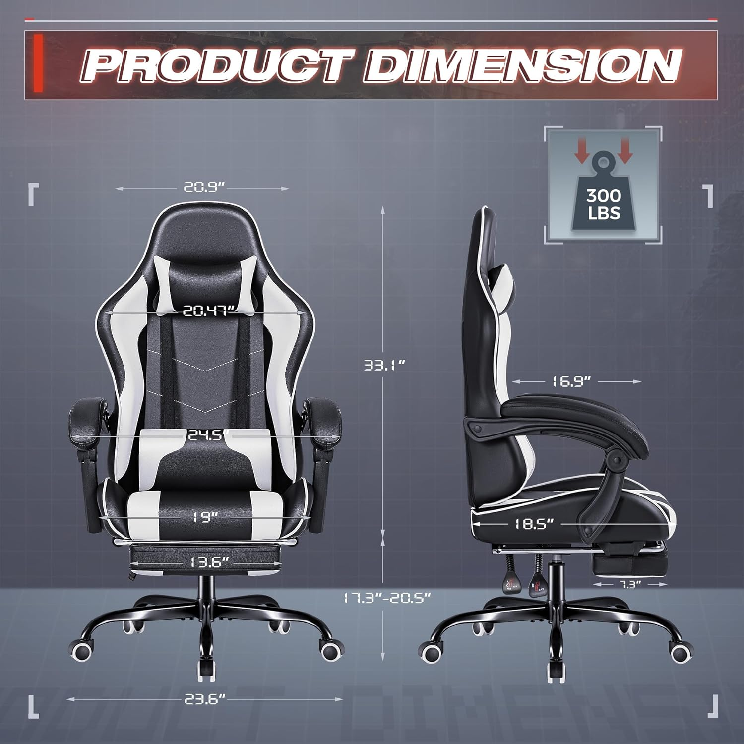 Furmax Gaming Chair, Video Game Chair with Footrest and Massage Lumbar Support, Swivel Seat Height Adjustable Computer Chair with Headrest, Racing E-Sport Gamer Chair - Black image number 6