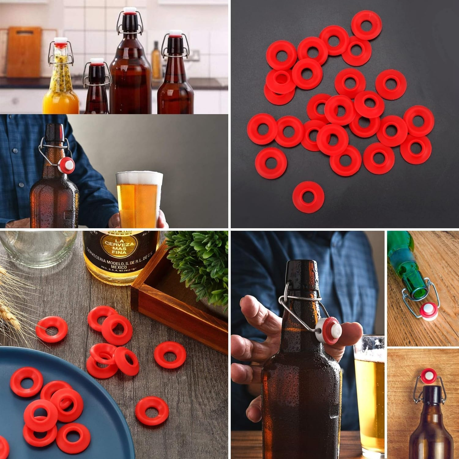 Taicols 25Pcs Beer Bottle Gasket, Silicone Rubber Gaskets Washer for Swing Flip Bottles Top Washers Leak Proof Seal Red EZ Cap Home Brew Liquor Soda O High Pressure Leakproof Replacements Sealing image number 5
