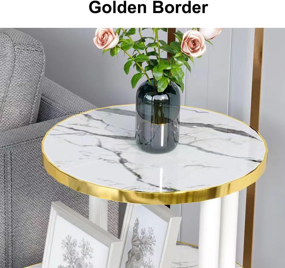 Hbluefat Modern End Table with Wheels, Rolling Sofa Side Table, 3-Tier Nightstand with Storage Shelves, Wood Bedside Table for Small Space, Living Room, Bedroom (Walnut Wood+Golden Edge) image number 4