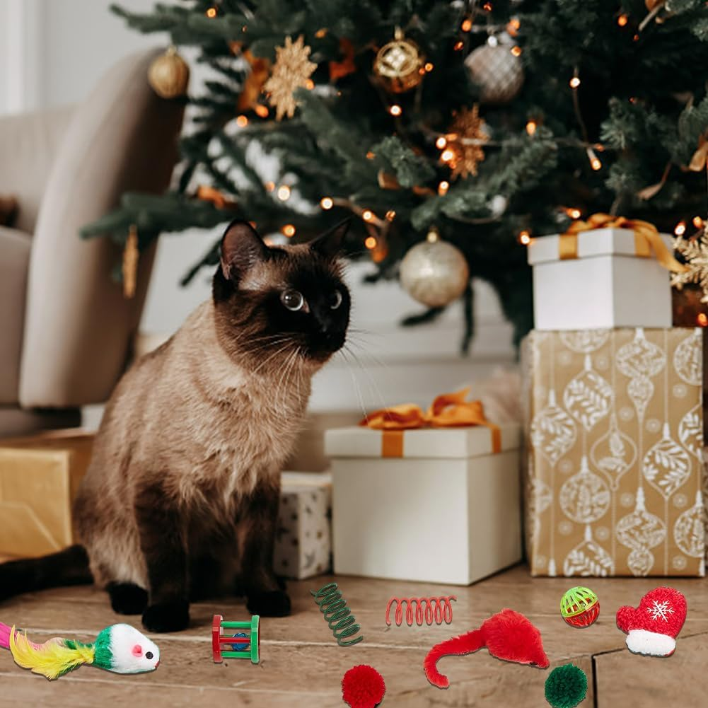Christmas Cat Toys Set 9 Pcs Cat Interactive Toys for Indoor Including Mice Toy Bells for Cat Cats Catnip Feather Teaser Ball Toys Springs and Christmas Gloves Toys Gift for Cat and Puppy Kitty image number 1