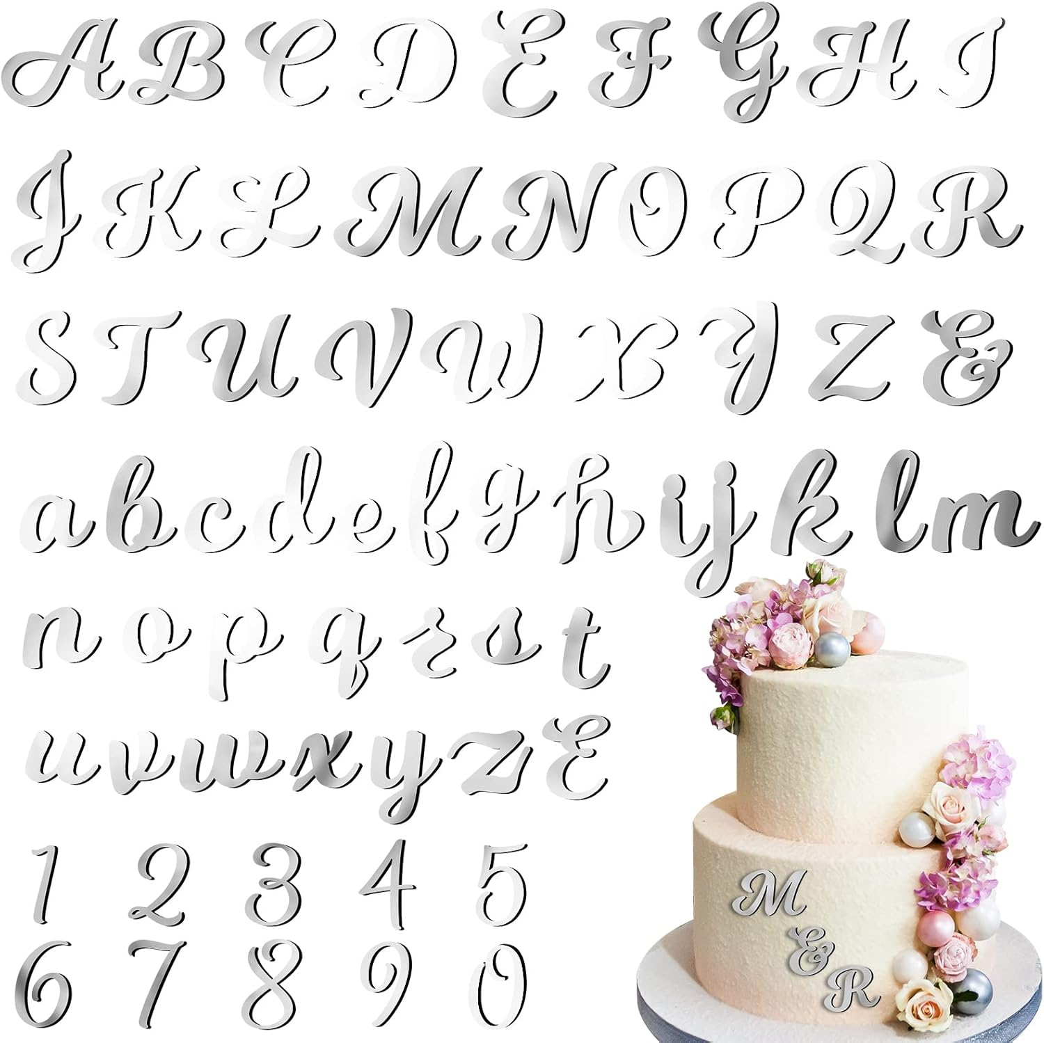 Jspupifip 64 Pcs Acrylic Cake Alphabet Numbers Topper, Mirror Number 0-9 and Alphabet A-Z Personalized Cake Picks Decor Anniversary Wedding Baby Shower Party Supplies(Silver)