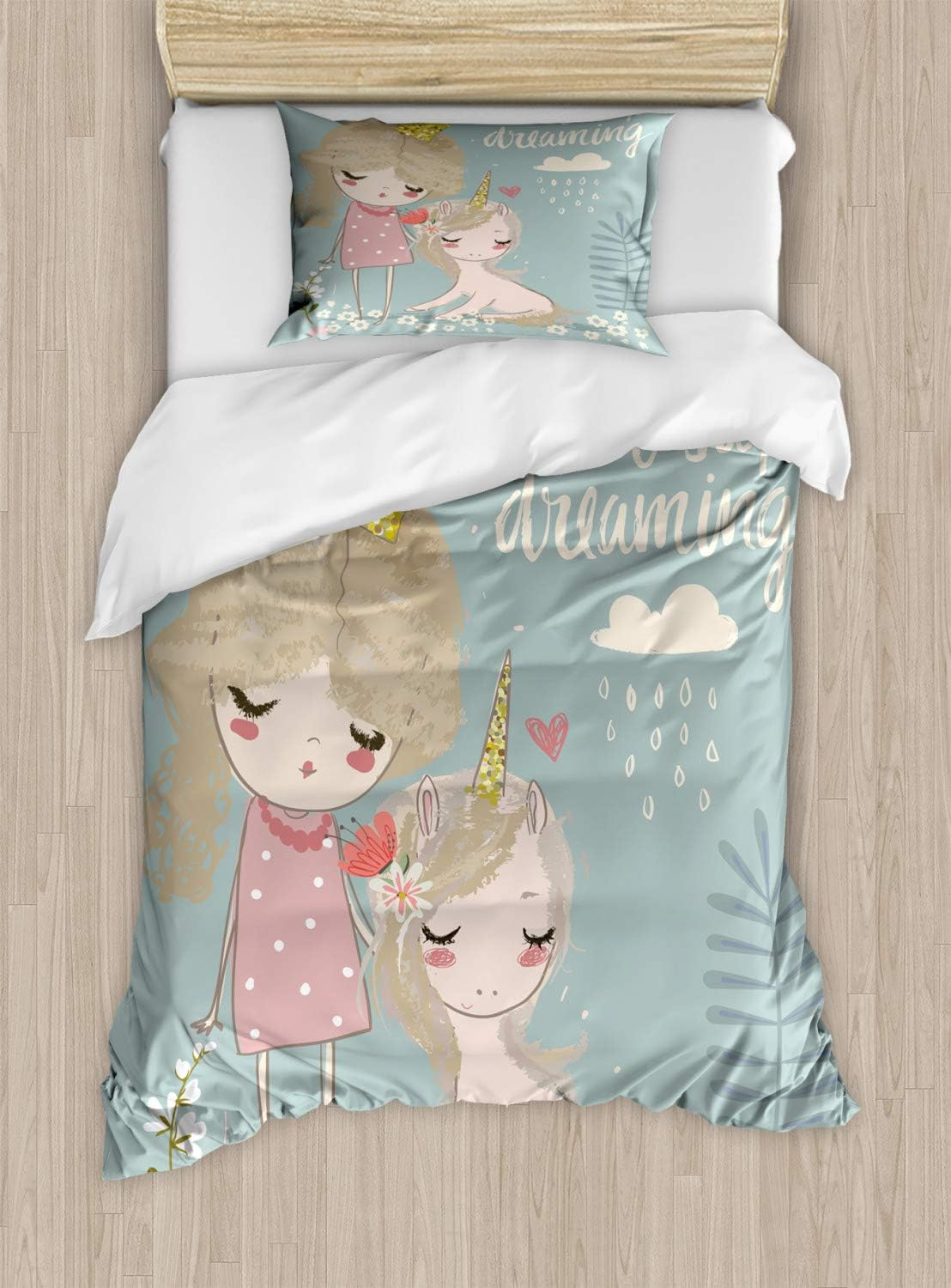 Ambesonne Quote Twin Size Duvet Cover Set, Artistic Composition with Little Princess Girl Unicorn Never Stop Dreaming Quote, Decorative 2 Piece Bedding Set with 1 Pillow Sham, Multicolor