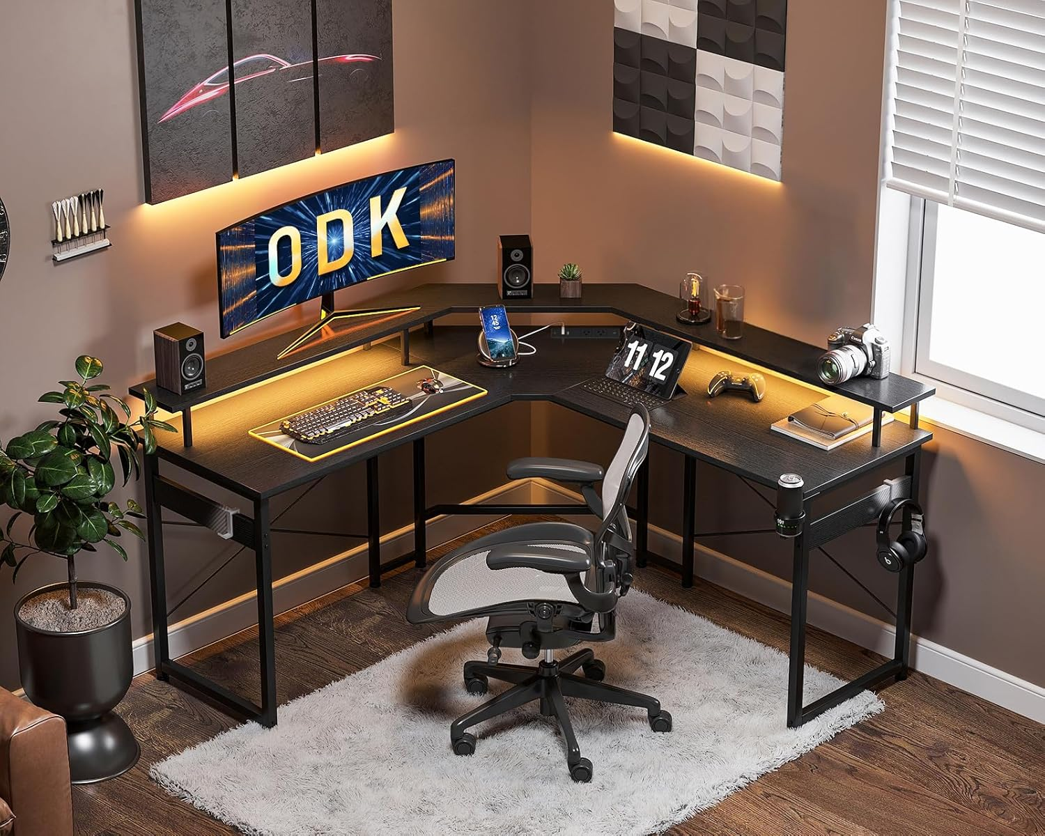 ODK L Shaped Computer Desk, Gaming Desk LED Light Strip and 2 USB 3 Charging Port, Gaming Table with Monitor Surface, Gaming Desks Workstations, Black - Texture White image number 3