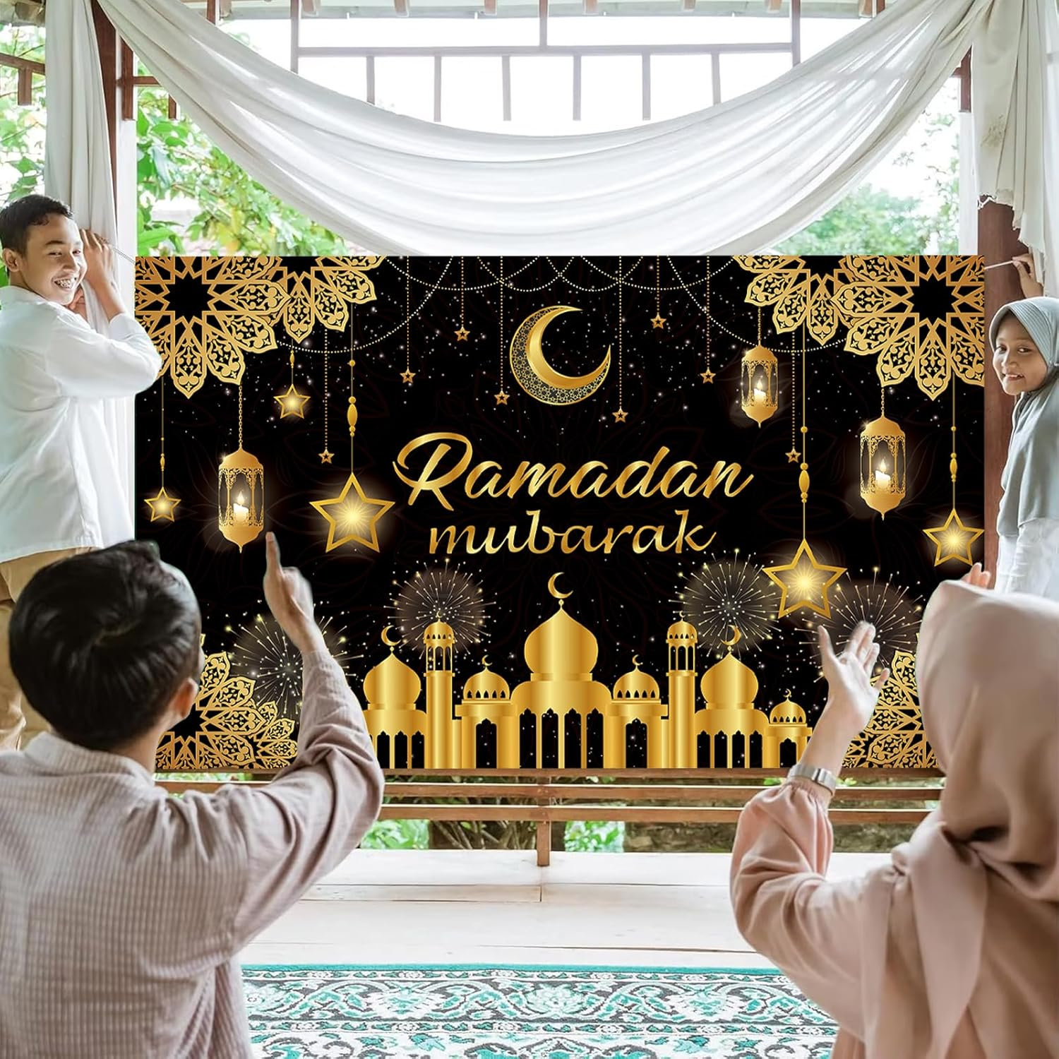 Ramadan Mubarak Banner 2025, Extra Large Fabric Eid Kareem Backdrop for Decorations, 72 X 44 Inch Star Moon Lanterns Castles Photo Booth Background for Islamic Muslim Al-Fitr Party Supplies image number 1