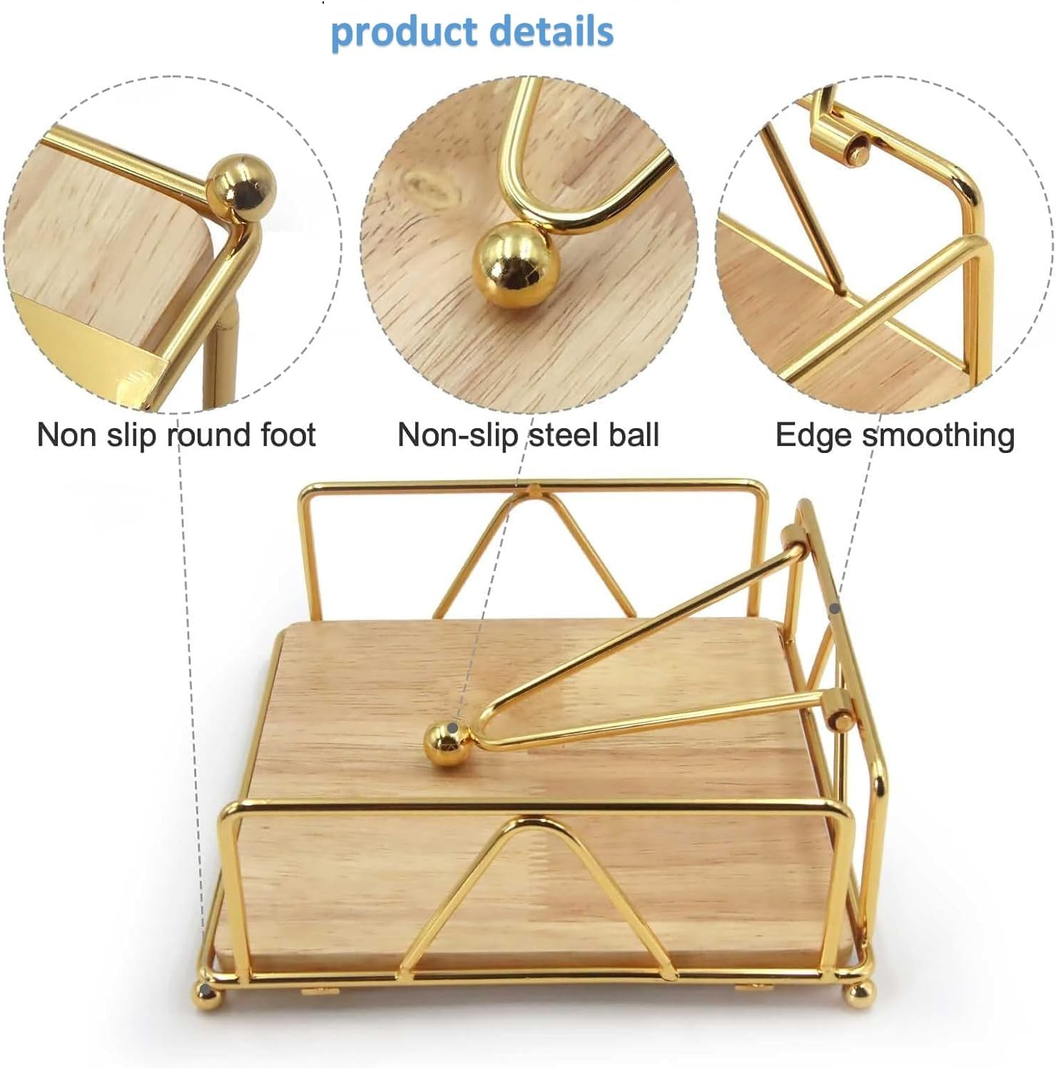 Metal Napkin Holder with Weighted Arm,Metal Napkin Holder with Wooden Base,Square Napkin Holder,Elegant Paper Napkin Dispenser,Metal Flat Napkin Holder for Kitchen Counter, Dining Table (Gold)