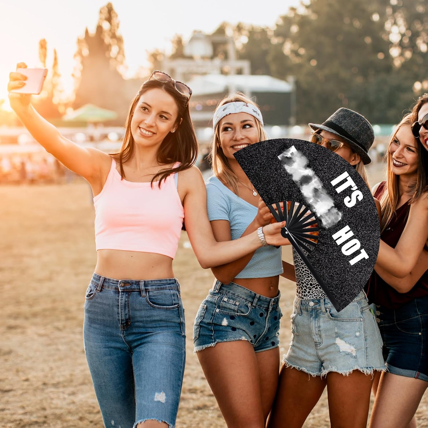 Ripeng 13'' Large Folding Fans for Line Dancing Glitter Large Rave Hand Fan Boots on the Ground Clack Rave Fan for Women with Leg Strap and Fabric Case Bag for Edm Music Party Decor(Black,Cool) image number 2