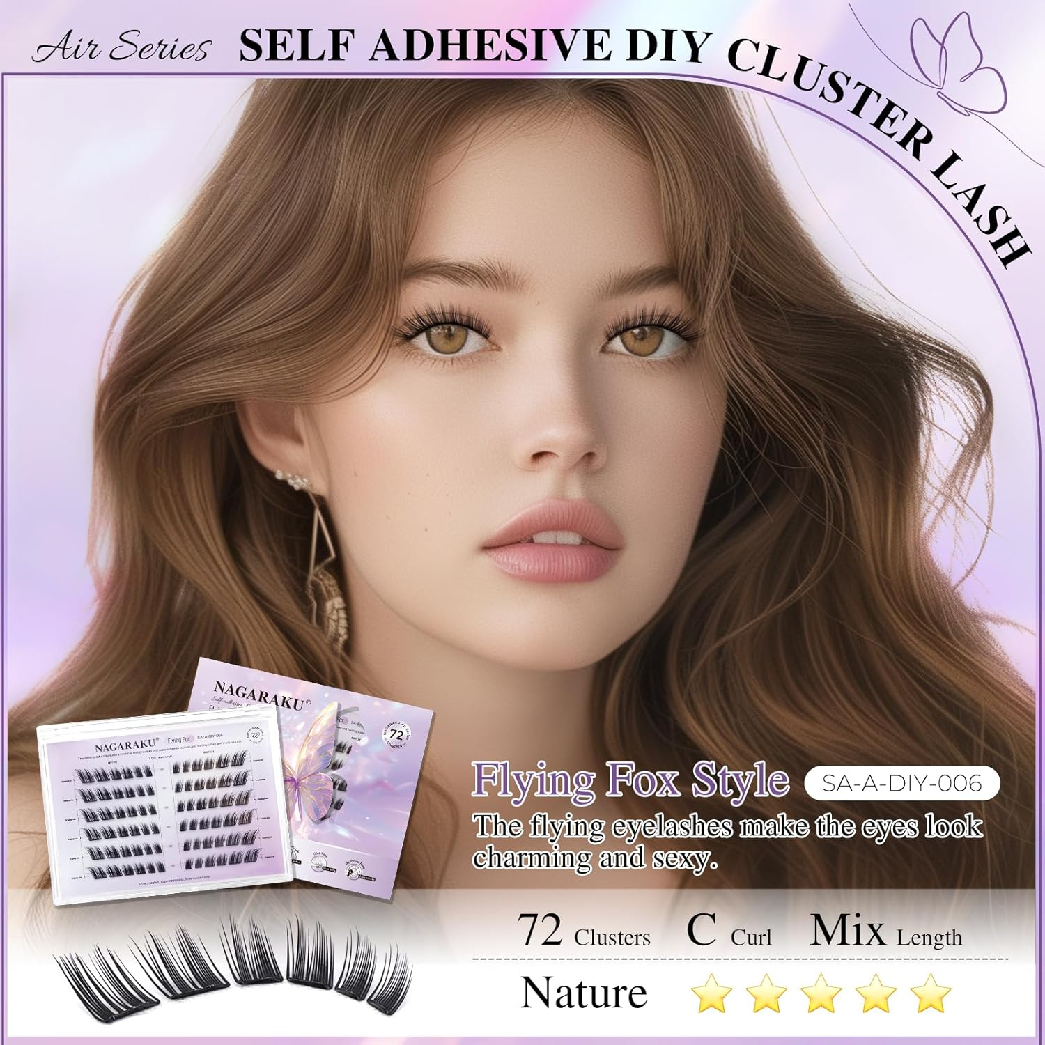NAGARAKU Pre Glued Cluster Lashes Air Series Eyelashes Flying Fox Style 72 Pcs No Glue Needed Pre-Bond Eyelashes Self Adhesive DIY Lashes（0.07Mm C Curl Mix Length) image number 2