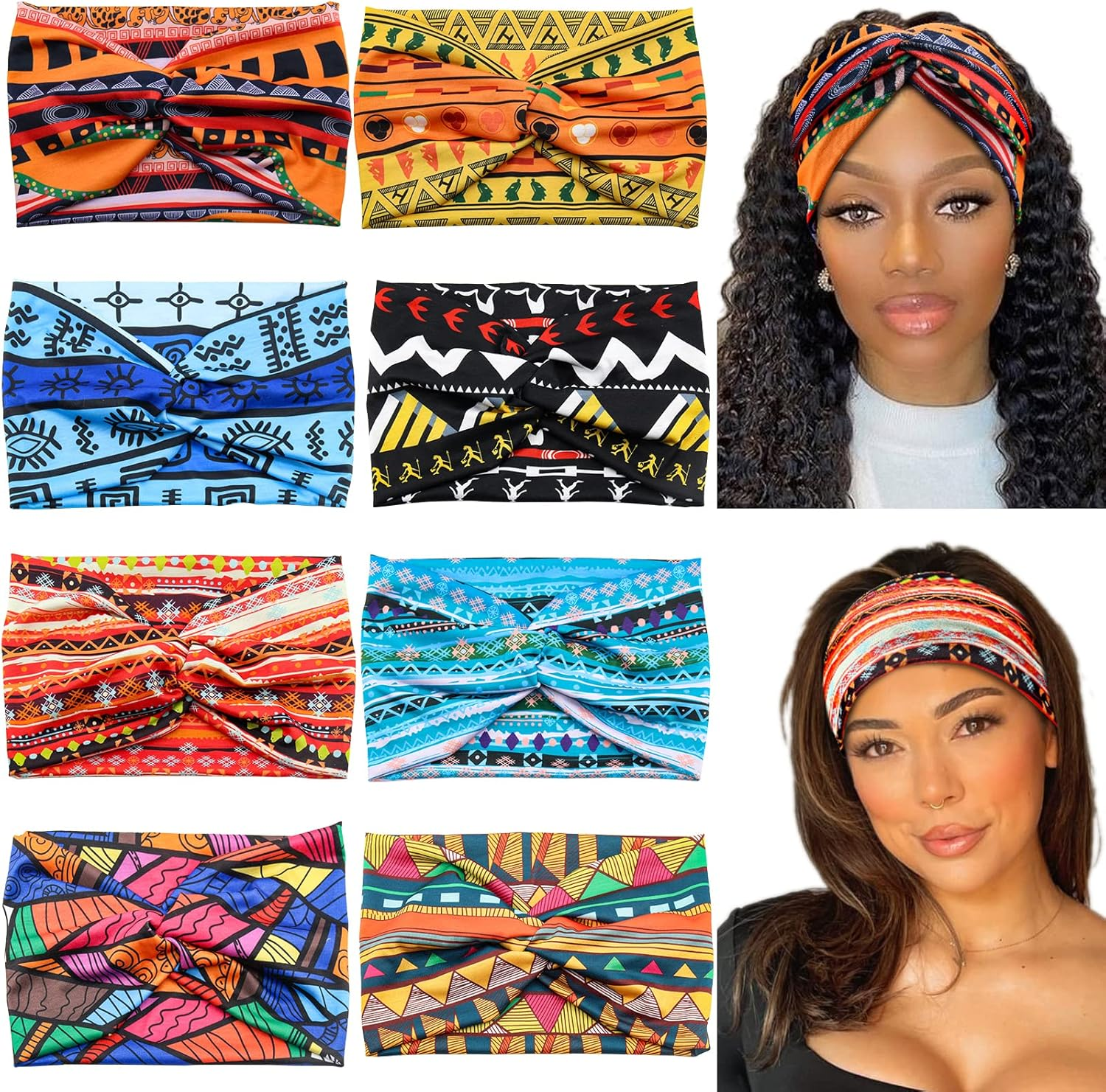 Carede Wide African Headbands for Women Boho Twist Head Bands Elastic Turban Headwraps for Lady Yoga Sports Workout Stretchy Hairband,Pack of 8 image number 1