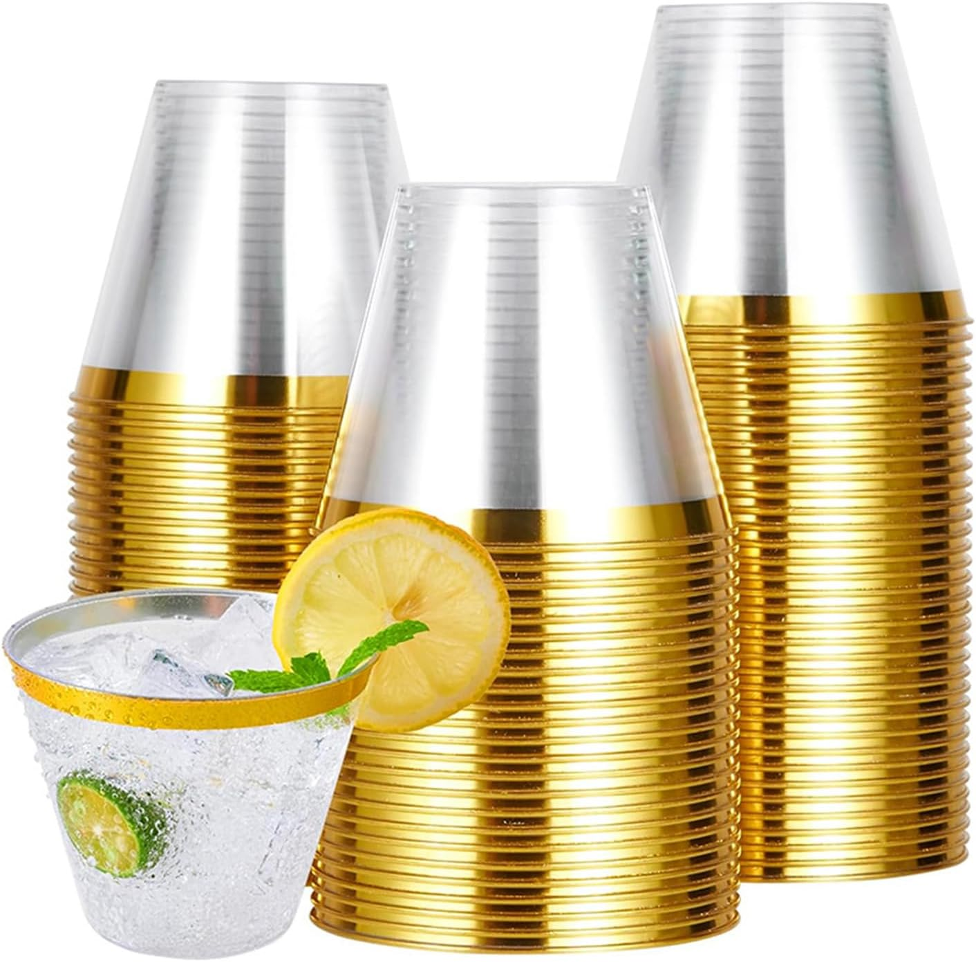 100 Pcs Plastic Cups,Reusable Drinking Cups with Glod Trim,270 Ml Elegant Party Wine Glasses Tumblers Shot Cups Party Cups Plastic for Home Decoration Party Wedding Birthday Camping(9 OZ) image number 3