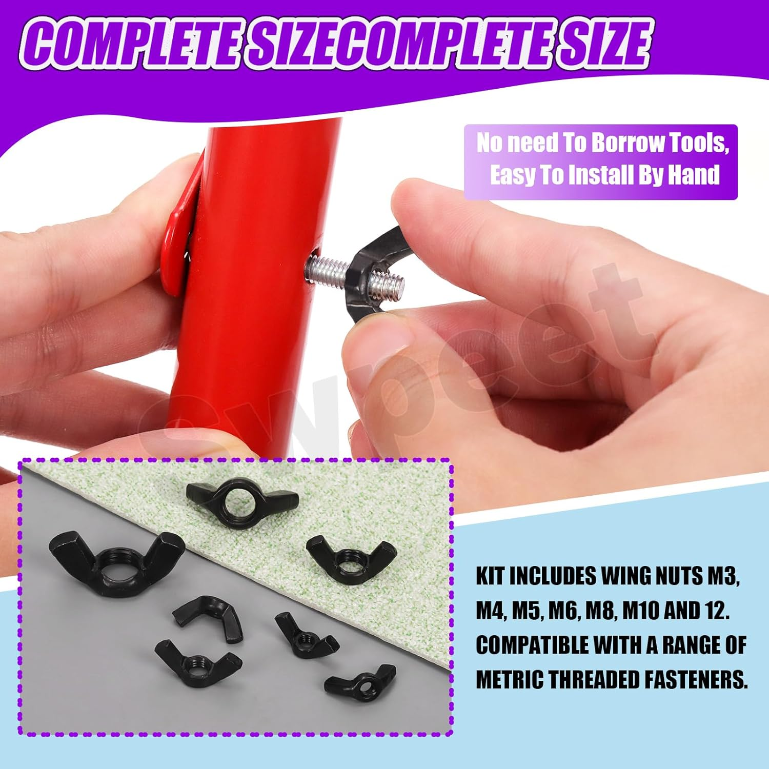 Swpeet 135Pcs Black High Strength Carbon Steel Serrated Metric Wing Nuts Butterfly Nuts Hex Dome Cap Assortment Kit, 7 Sizes - M3 M4 M5 M6 M8 M10 M12 image number 1