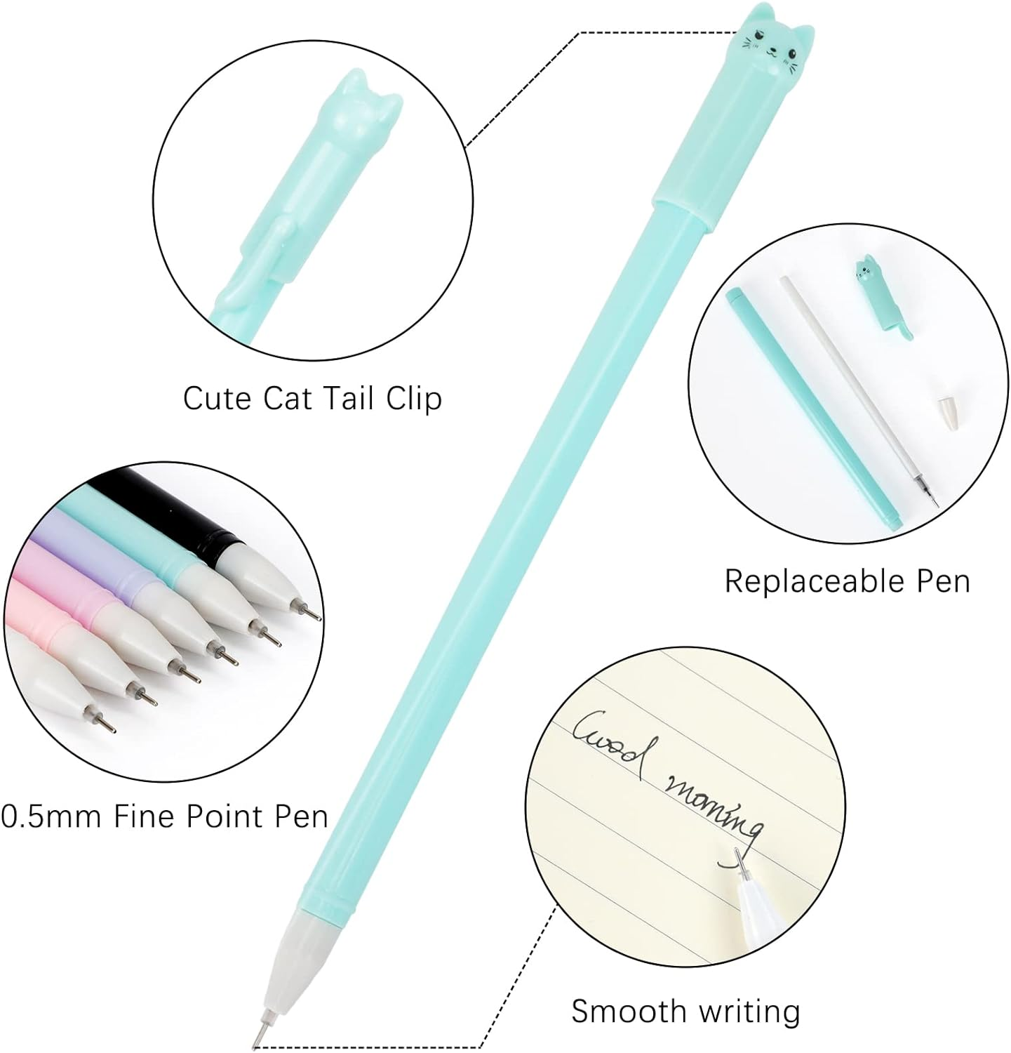 12PCS Kawaii Cat Pens, Cute Gel Ink Pens Animal Pens, 0.5Mm Smooth Black Fine Point Ball Point Pens for Kids Girl Boy Women School Office Supplies (6 Color Cat) image number 2