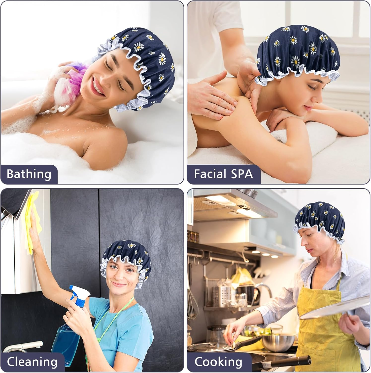 Double Layer Waterproof Shower Cap with Elastic Band, Reusable Bath Cap for Women -Large Waterproof Plastic Shower Hat for Long, Short and Curly Hairs Spa Salon (Deep Blue-Little Daisy) image number 3