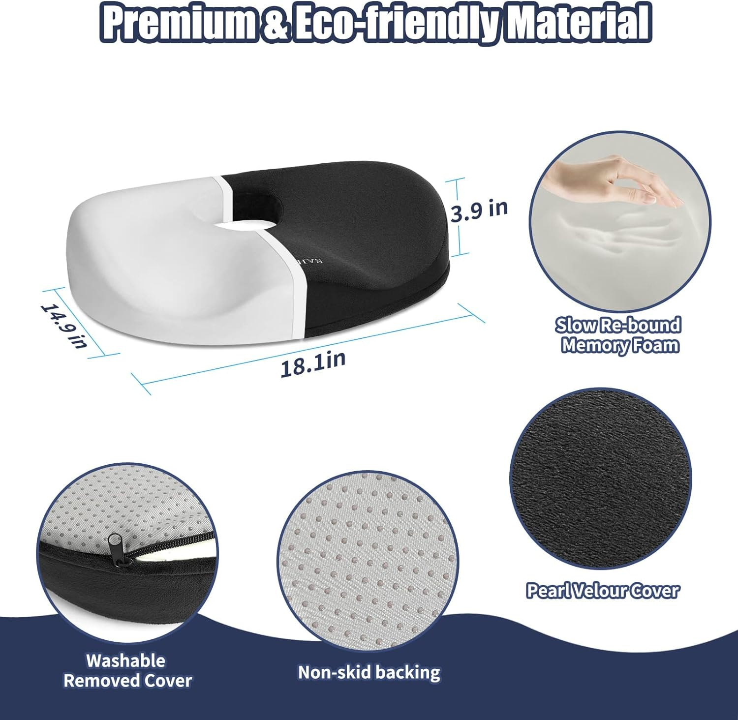 SAHEYER Donut Pillow for Tailbone Pain Relief and Hemorrhoids, Memory Foam Donut Cushion for Sciatica Nerve, Seat Cushion Butt Pillow for Men Women at Home Office Chair Car Long Sitting Comfort, Black image number 4