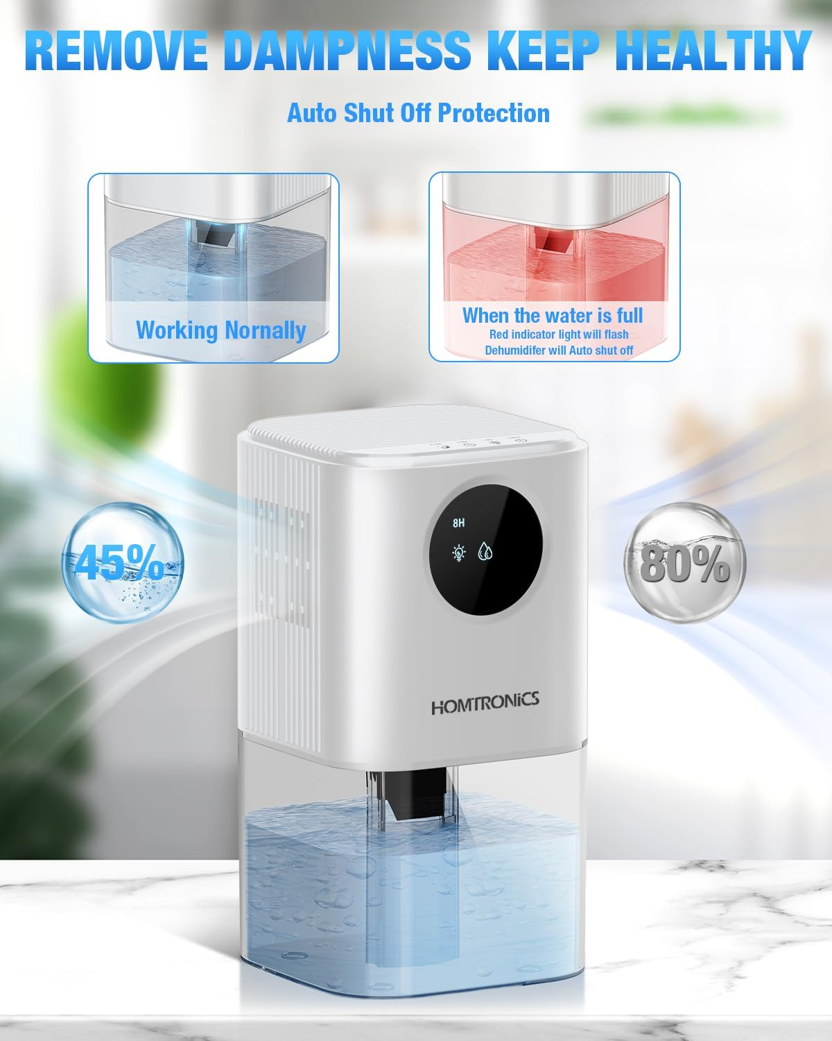1700Ml Dehumidifier, [Timing Function] Homtronics Small Dehumidifier for Home up to 25㎡, Quiet Sleep Mode, Auto Shut-Off, 7 Colorful Light, Ideal for Bedroom, Closet, Basements，Rv, Moisture Absorber