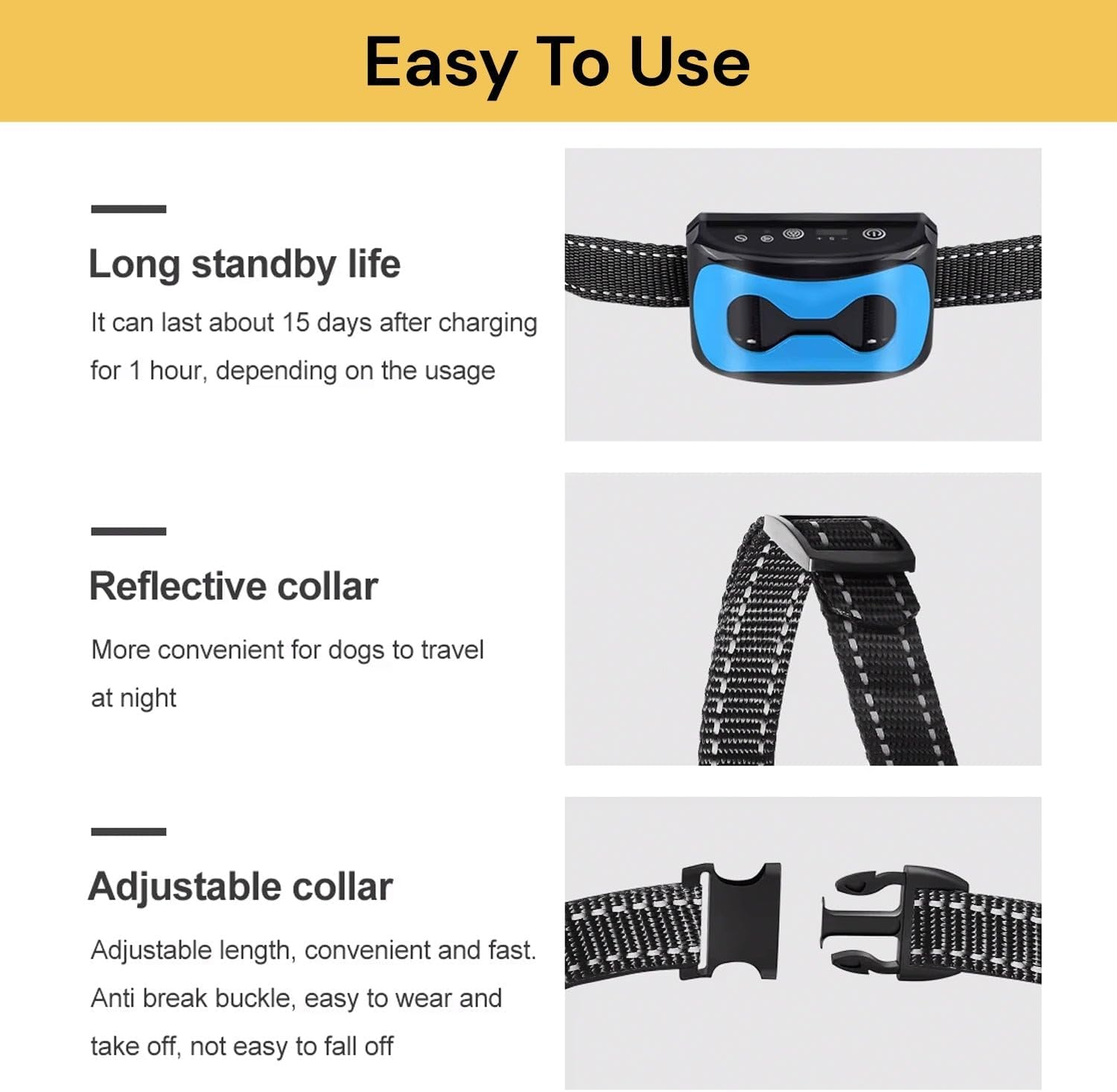 EZONEDEAL Dog Bark Collar, anti Bark Control Collar 7Gears Sensitivity Proof Electric No Shock USB Charge Adjustable Rechargeable for Small Medium Large Pet Dogs Puppy image number 5