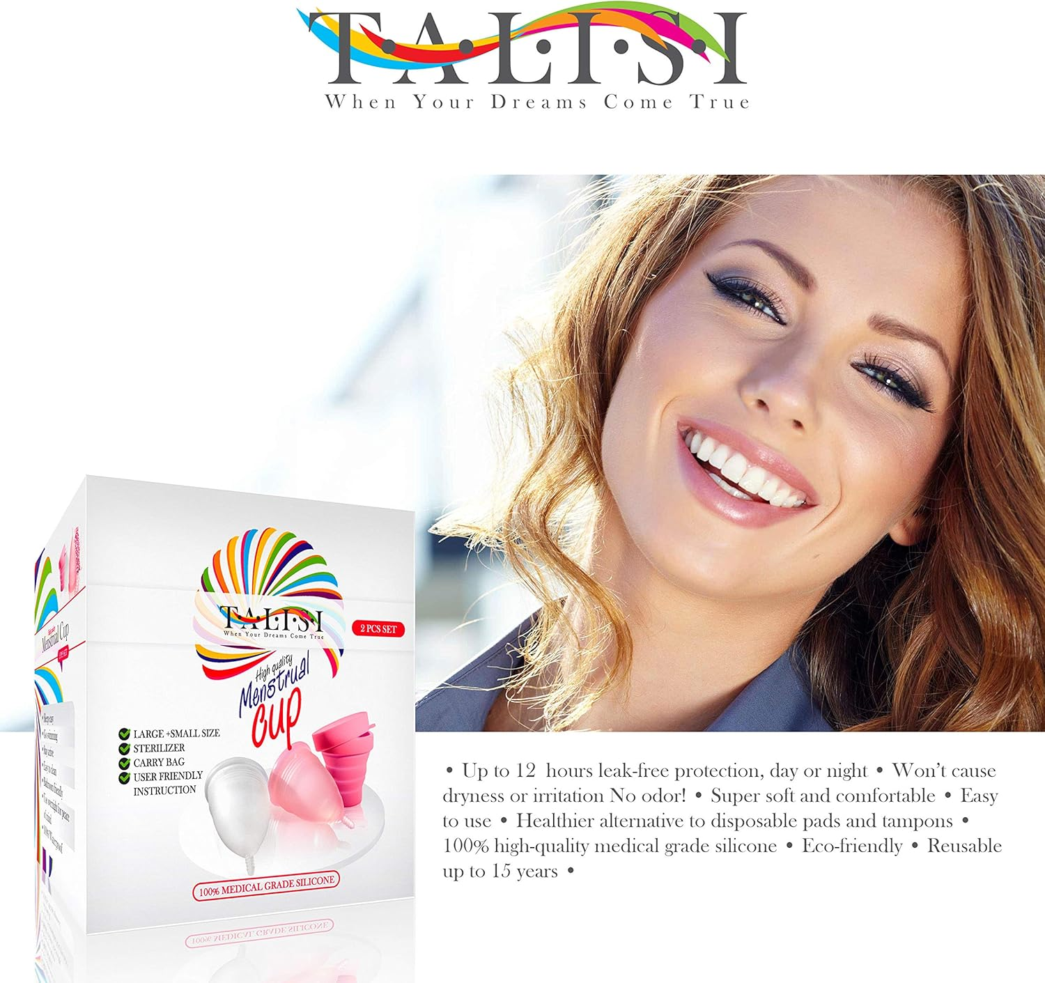 Talisi Menstrual Cups Set of 2 with Collapsible Cleaner Silicone Sterilizer - Soft Reusable Period Kit - Tampon Pads Disc Alternative - Menstruation Feminine Cup Regular, Heavy Flow (Small & Large)