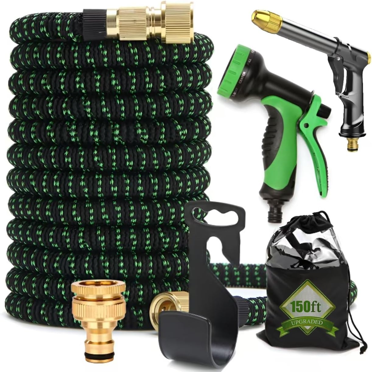 Cyperever 150Ft Expandable Garden Hose with 10-Pattern Nozzle & High-Pressure Black Spray Gun, 3/4" Brass Connector & Storage Bag, Retractable Water Hose High Pressure for Car Wash & Lawn Watering
