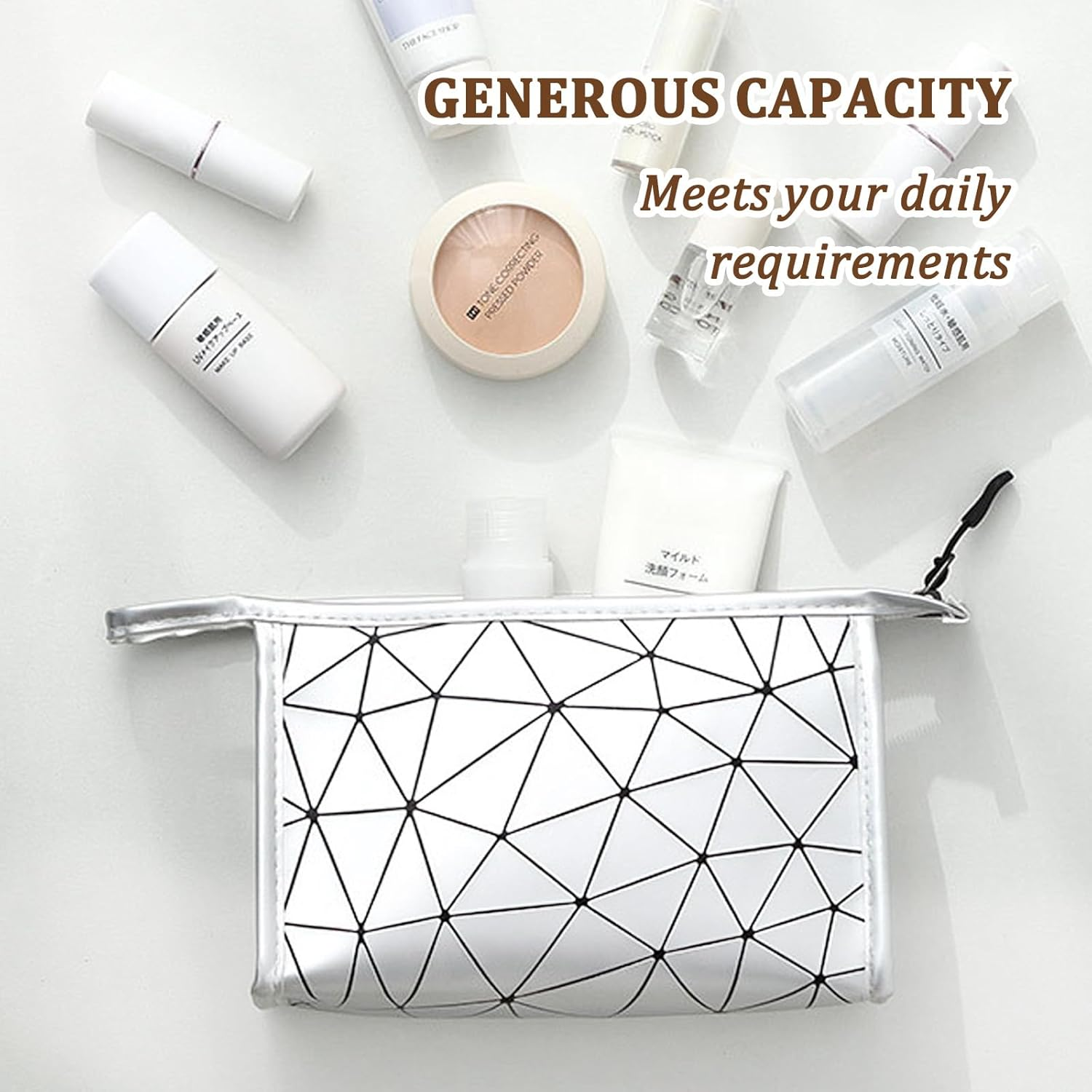 BSITSSS 2 PCS Makeup Bag, Sliver Geometric Cosmetics Bag, Small and Large Make up Bags with Zippers Toiletry Bags Pouches for Women Girls Traveling Makup Beauty image number 3