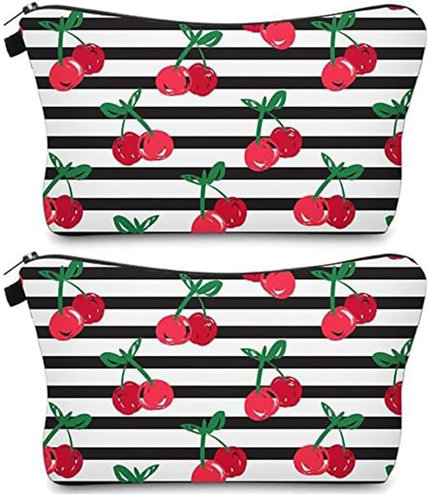Cosmetic Bag 2Pcs Travel Makeup Case Small, Cosmetic Zipper Bag Waterproof Small Pouch for Purse Mini, Women Cute Traveling Accessories Pouch for Ladies(Stripes Cherry) image number 5
