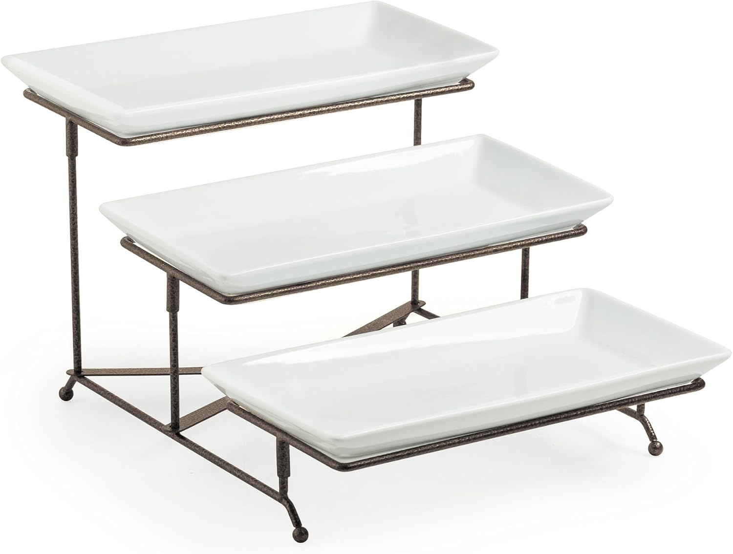 Large 3 Tier Serving Stand Tiered Serving Trays Collapsible Sturdier Rack with 3 Porcelain Serving Platters for Fruit Dessert Presentation Party Display Set, 14 Inch